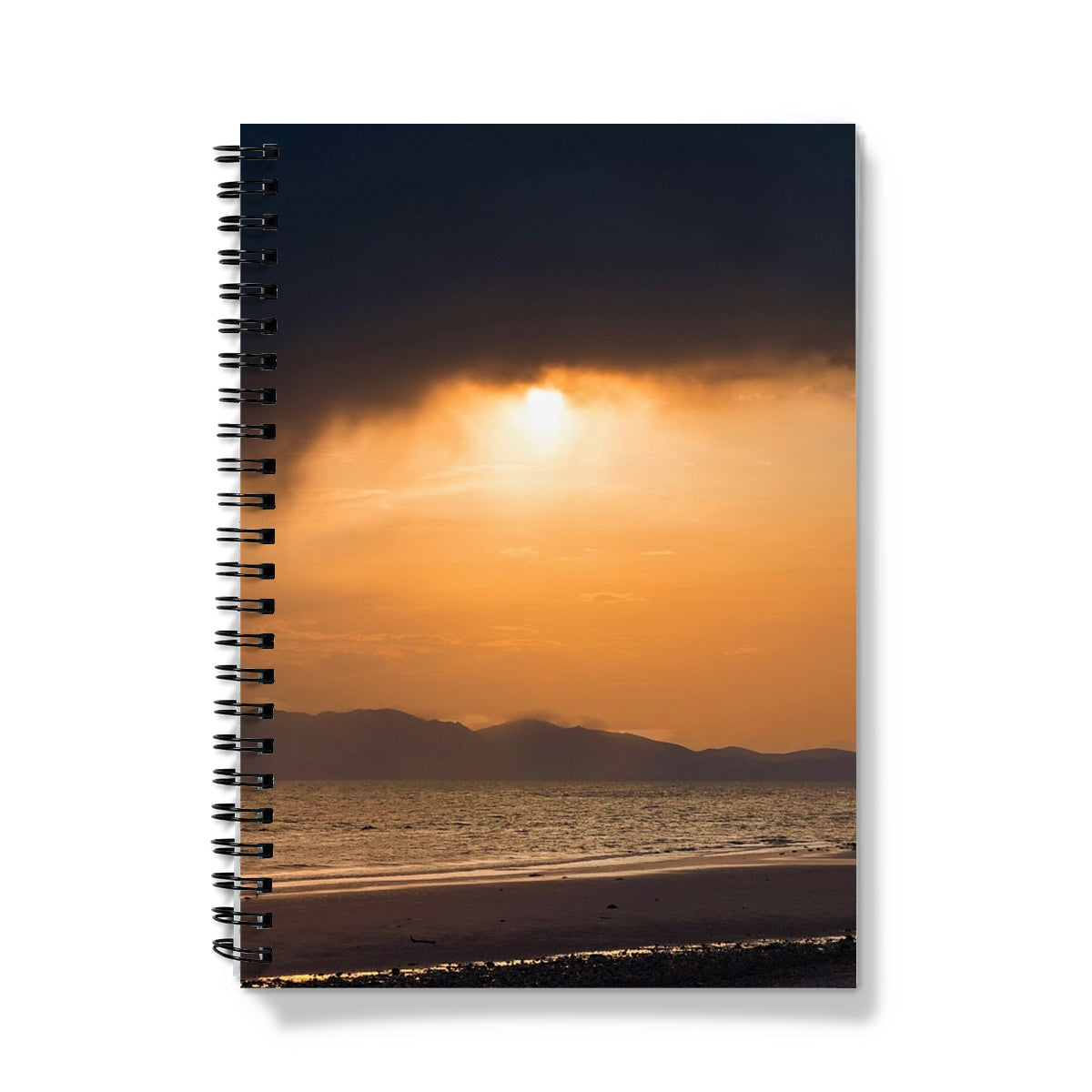 Arran Stormy Sunset Notebook with vibrant beach and sunset cover design