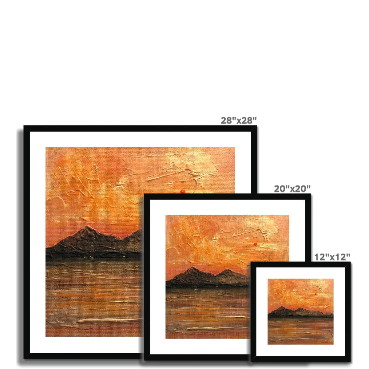 Three framed Arran Summer Nights mountain sunset art prints