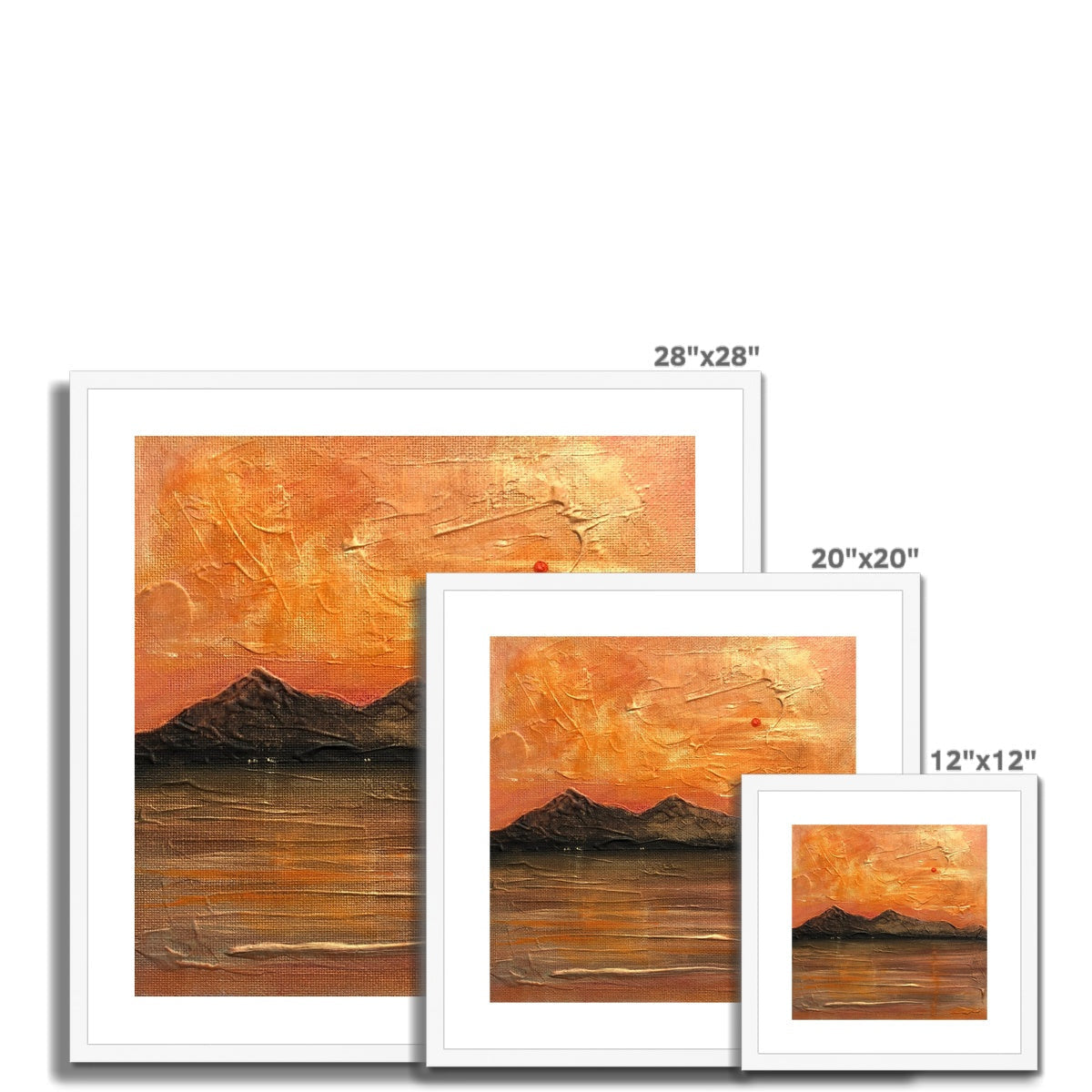 Arran Summer Nights orange and gold textured landscape art print in white frame, 12x12, 20x20, or 28x28 inches