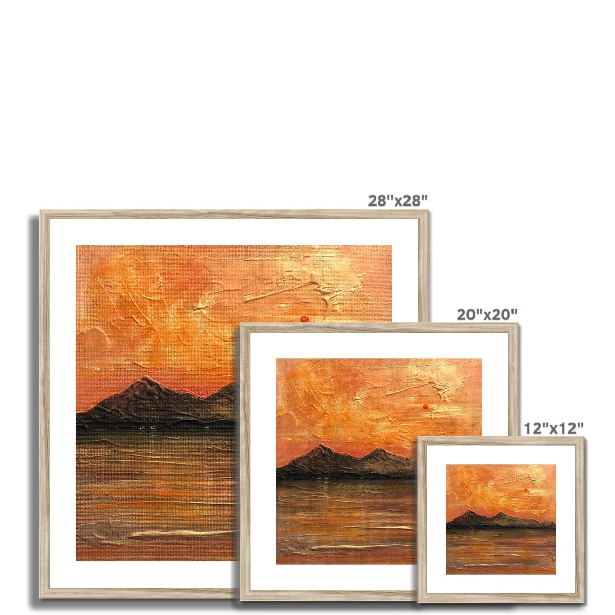 Three Arran Summer Nights orange sunset mountain art prints in wood frames
