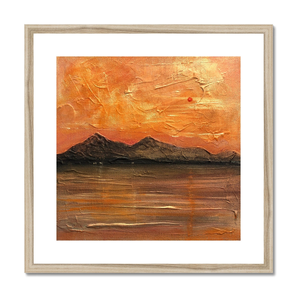 Arran Summer Nights art print: textured sunset over mountains in orange gold hues