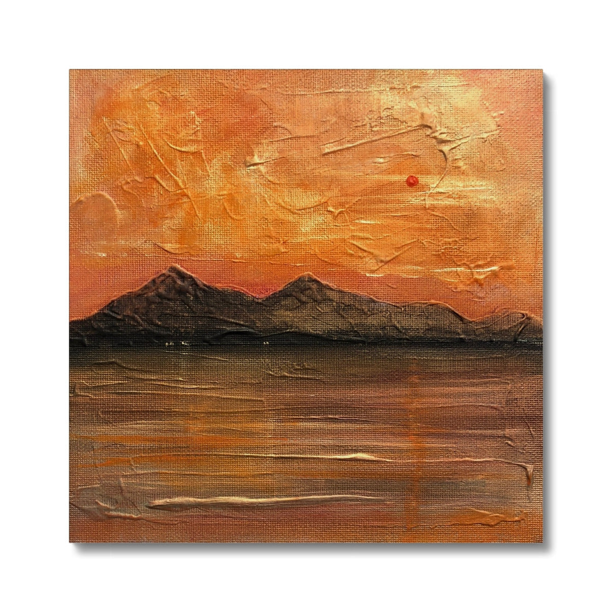 Arran Summer Nights canvas print of textured mountain range under orange sunset sky