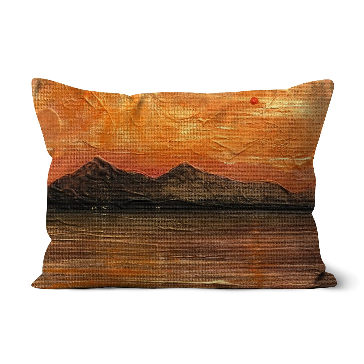 Arran Summer Nights cushion with textured orange-brown mountain sunset landscape
