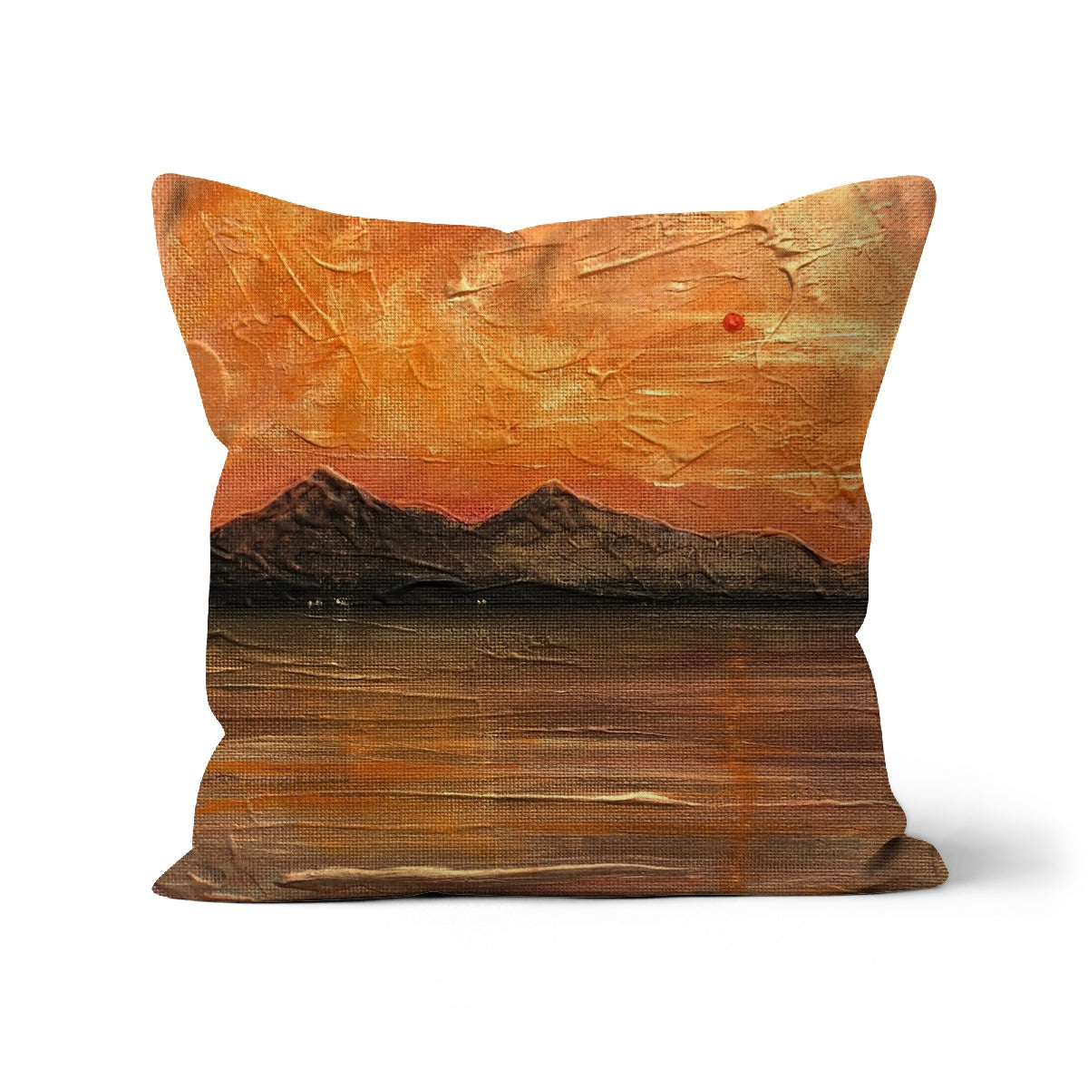Arran Summer Nights square cushion with textured painterly sunset over mountains and water in orange and brown hues