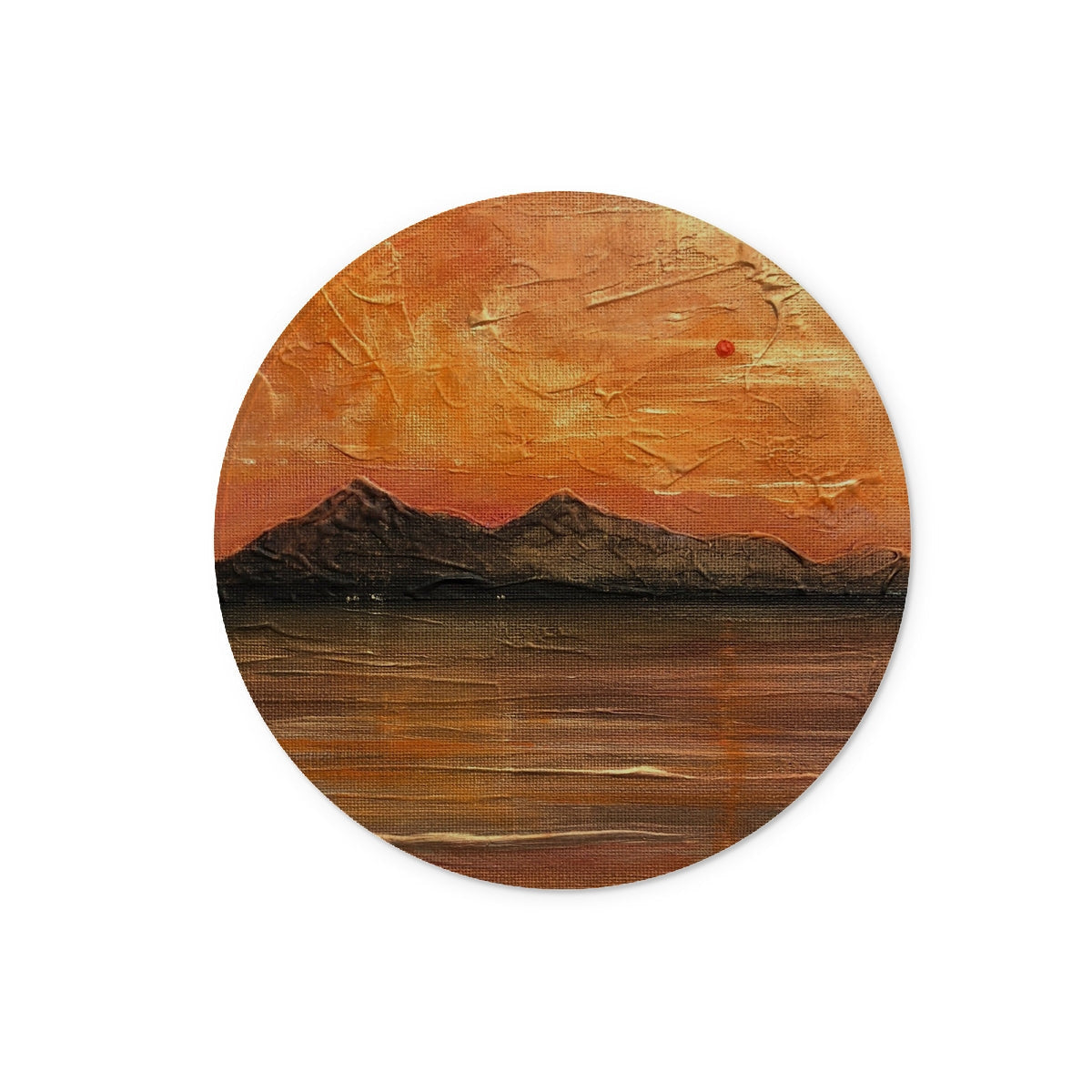 Circular wooden plaque with hand-painted sunset on Arran Summer Nights chopping board