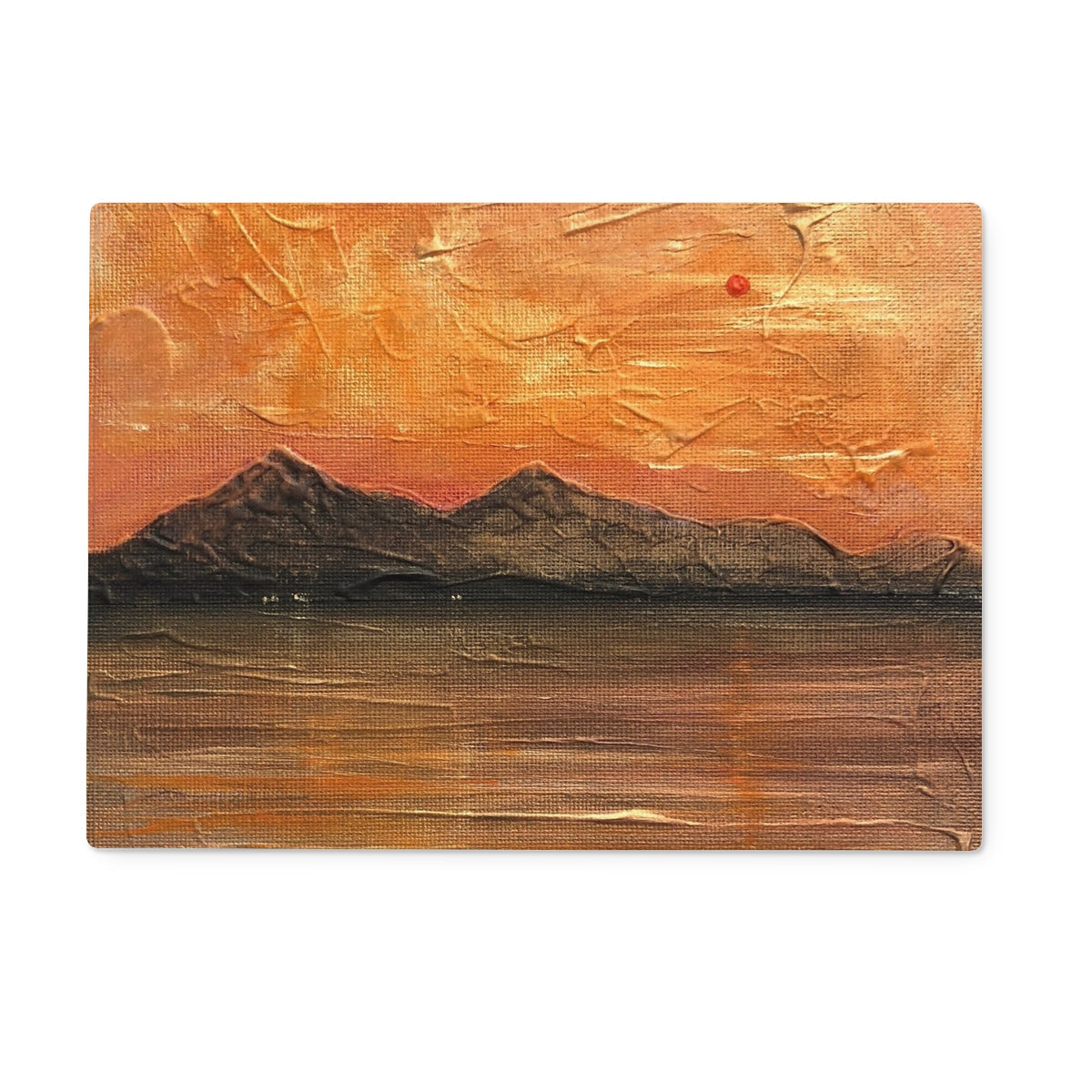 Orange textured canvas painting of mountains at sunset on Arran Summer Nights chopping board