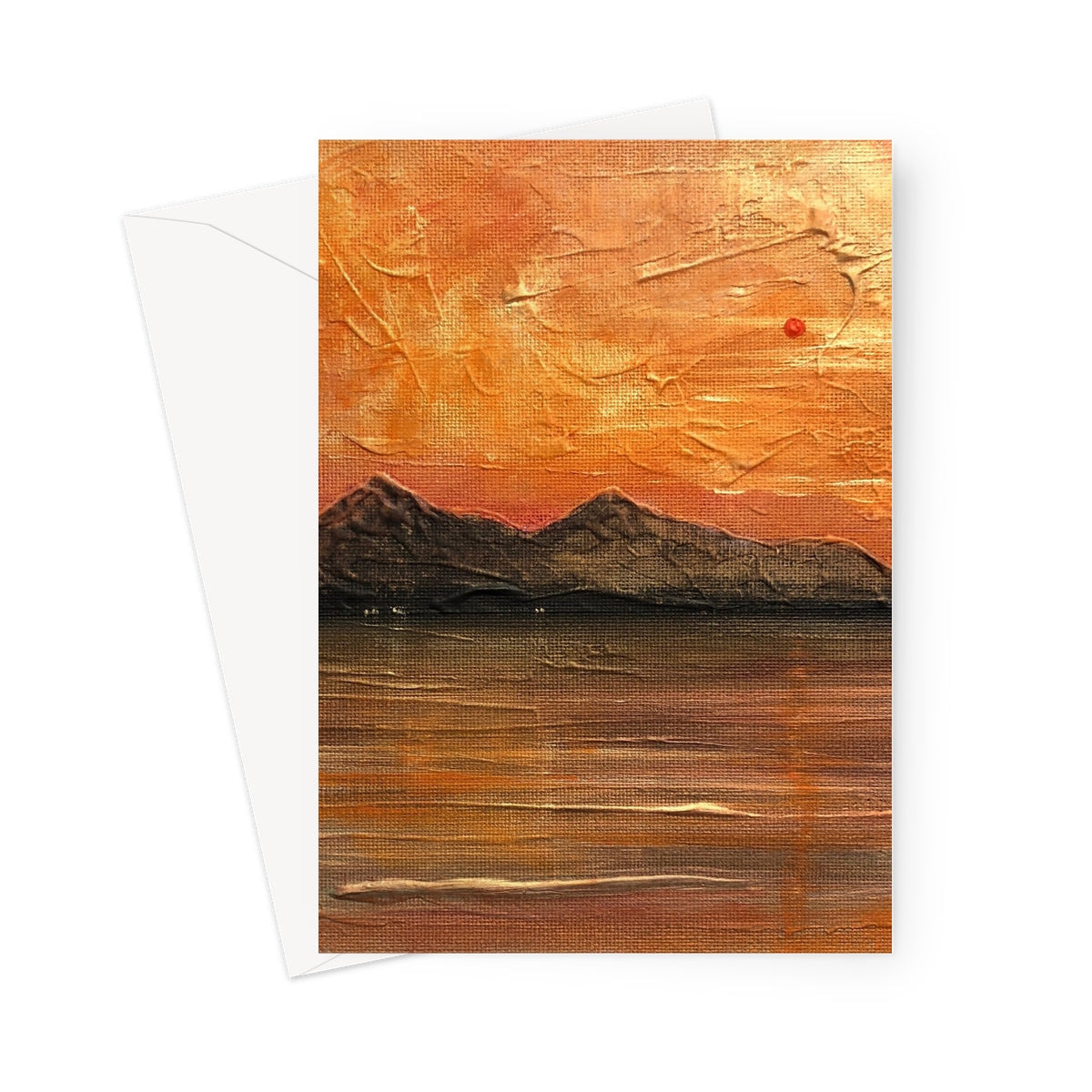 Orange textured Arran Summer Nights greeting card with painted sunset over mountains and water