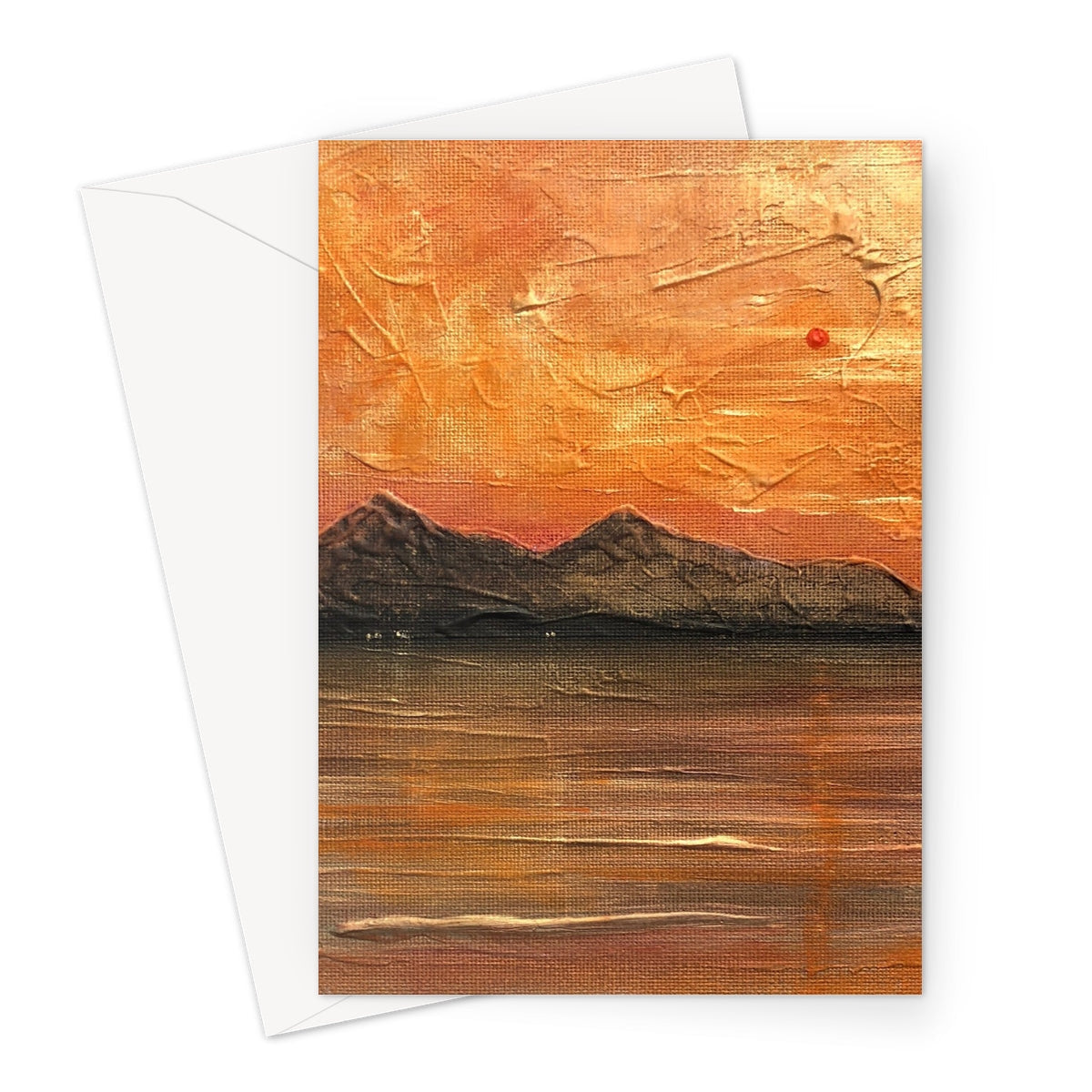 Orange textured Arran Summer Nights greeting card with painted sunset over mountains and water