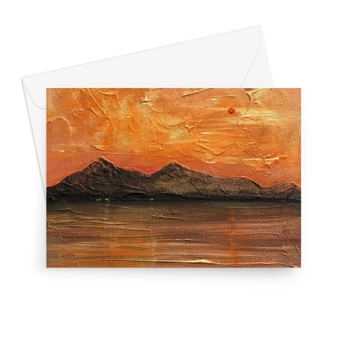 Arran Summer Nights greeting card with orange textured mountain sunset landscape