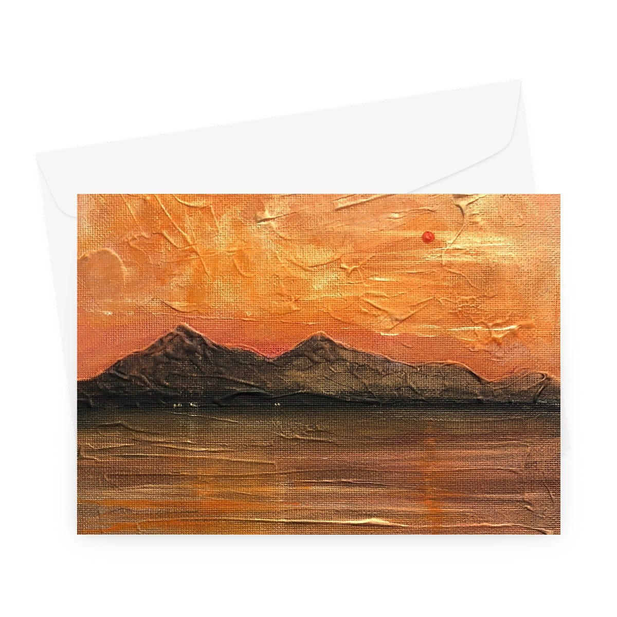 Orange textured sunset mountains on Arran Summer Nights greeting card with envelope