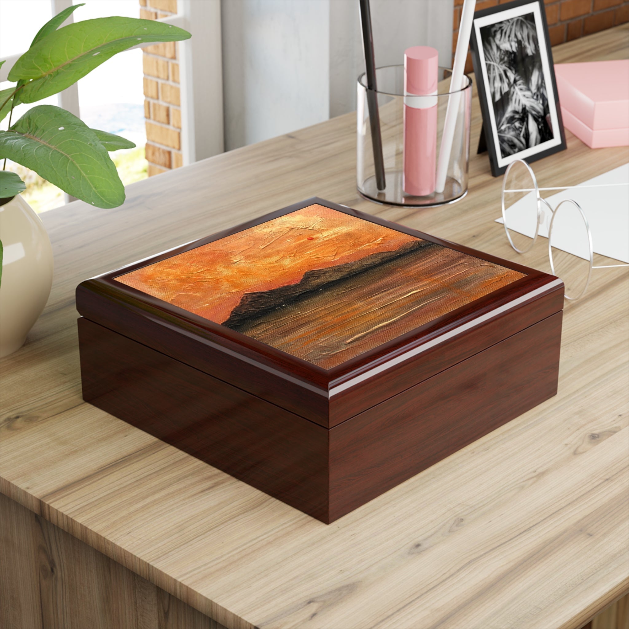Arran Summer Nights jewellery box with glossy wooden finish and sunset lid