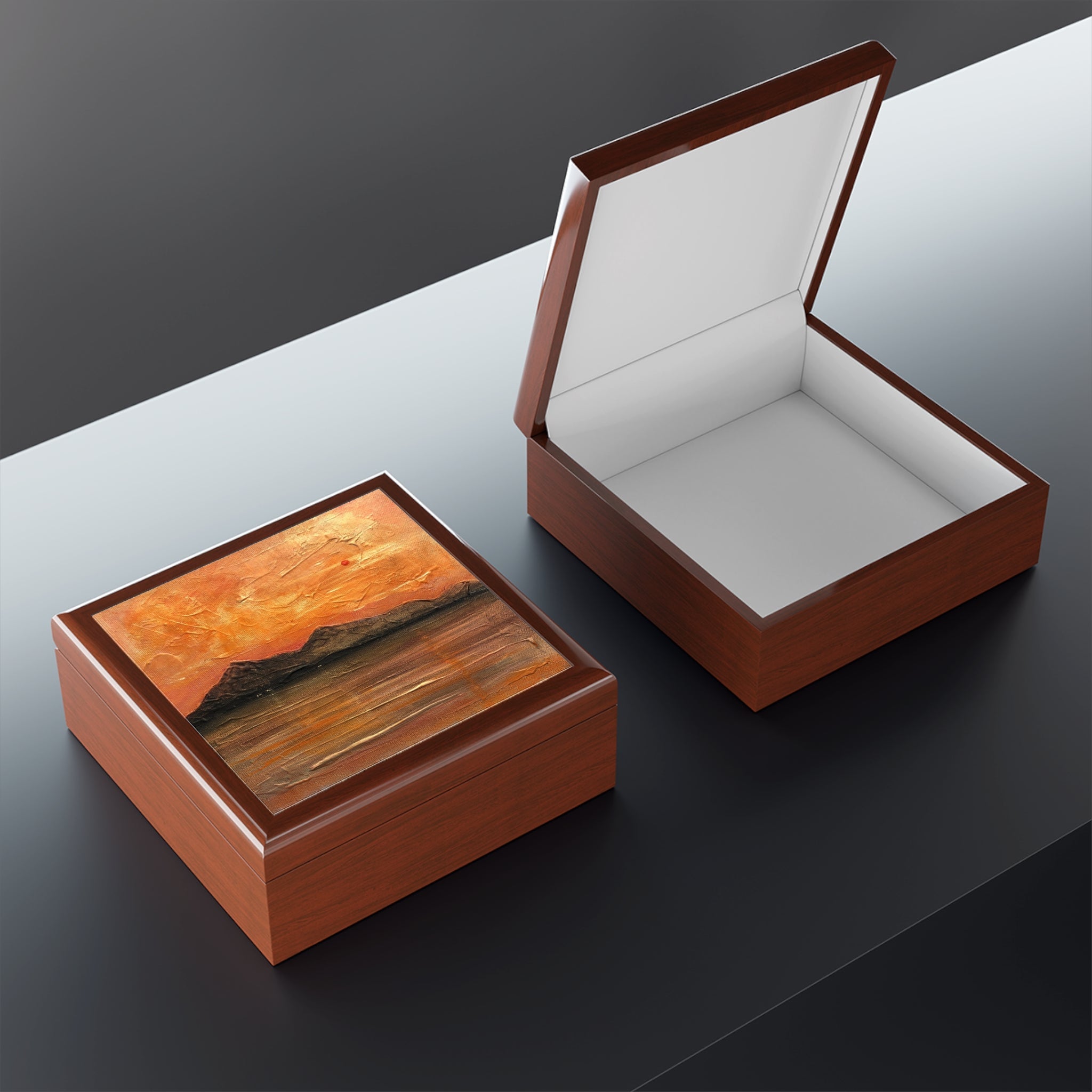 Arran Summer Nights jewellery box with sunset-painted wooden lid