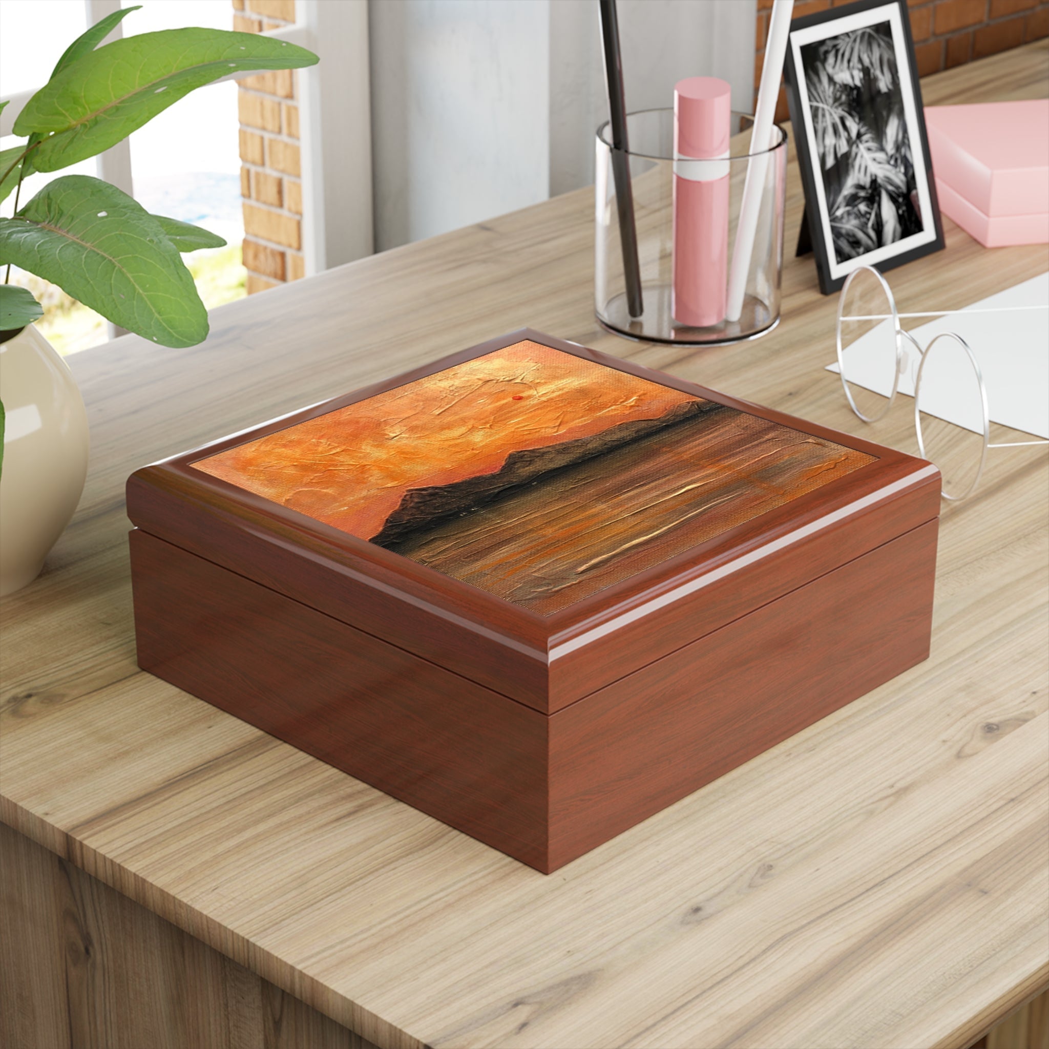 Arran Summer Nights jewellery box with glossy sunset lid design