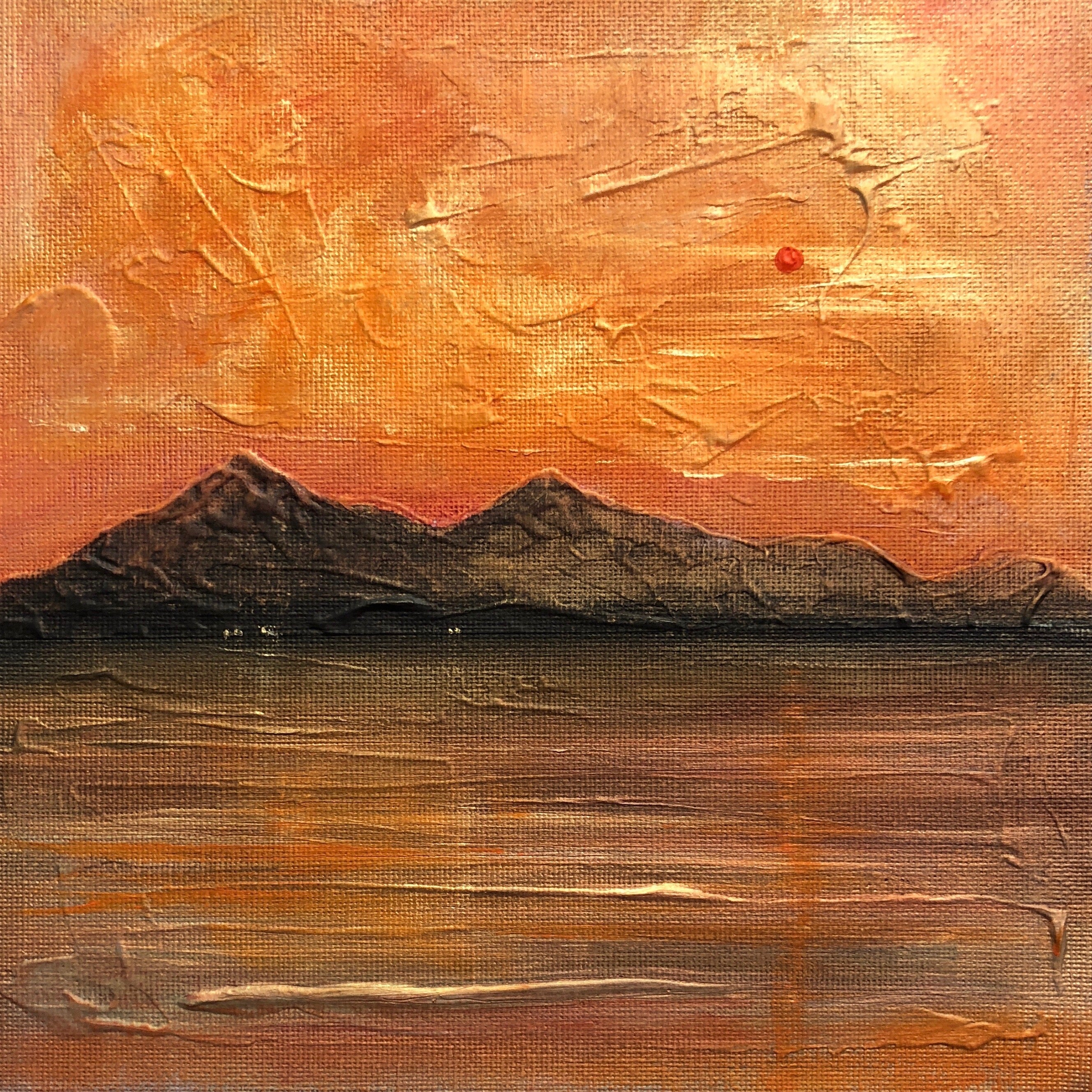 Arran Summer Nights: orange sunset Scottish landscape painting with textured brushstrokes and dark mountain silhouettes