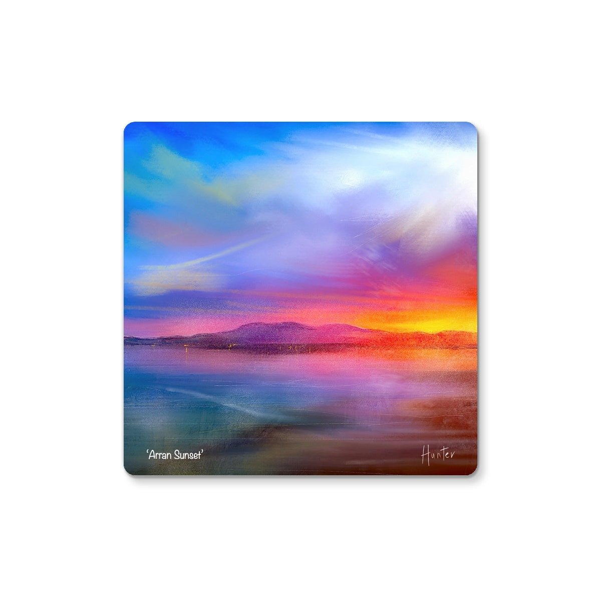 Arran Sunset Art Gifts Coaster-Coasters-Arran Art Gallery-4 Coasters-Paintings, Prints, Homeware, Art Gifts From Scotland By Scottish Artist Kevin Hunter
