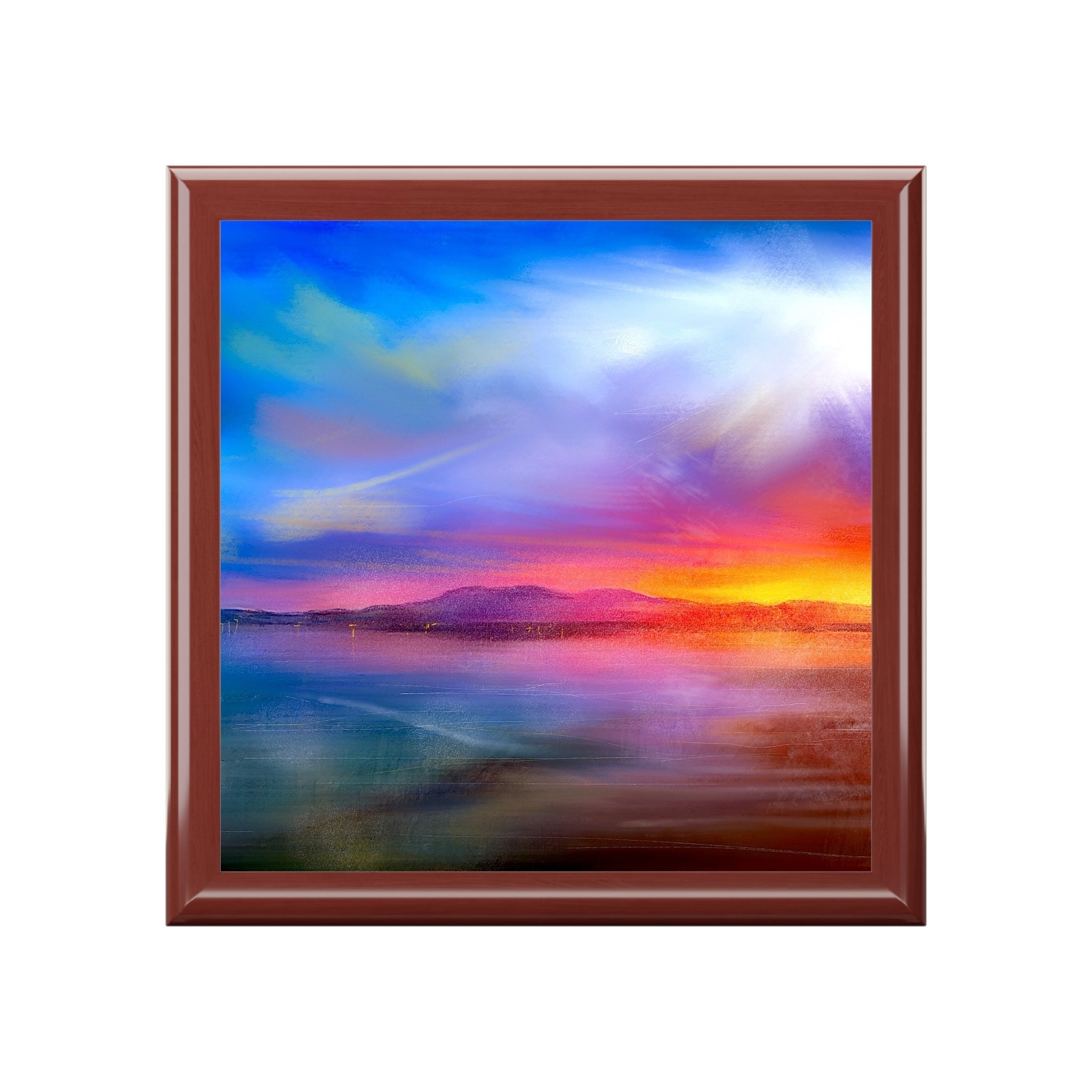 Brown wooden framed canvas painting of a sunset over water in Arran Sunset Art Jewellery Box Scotland