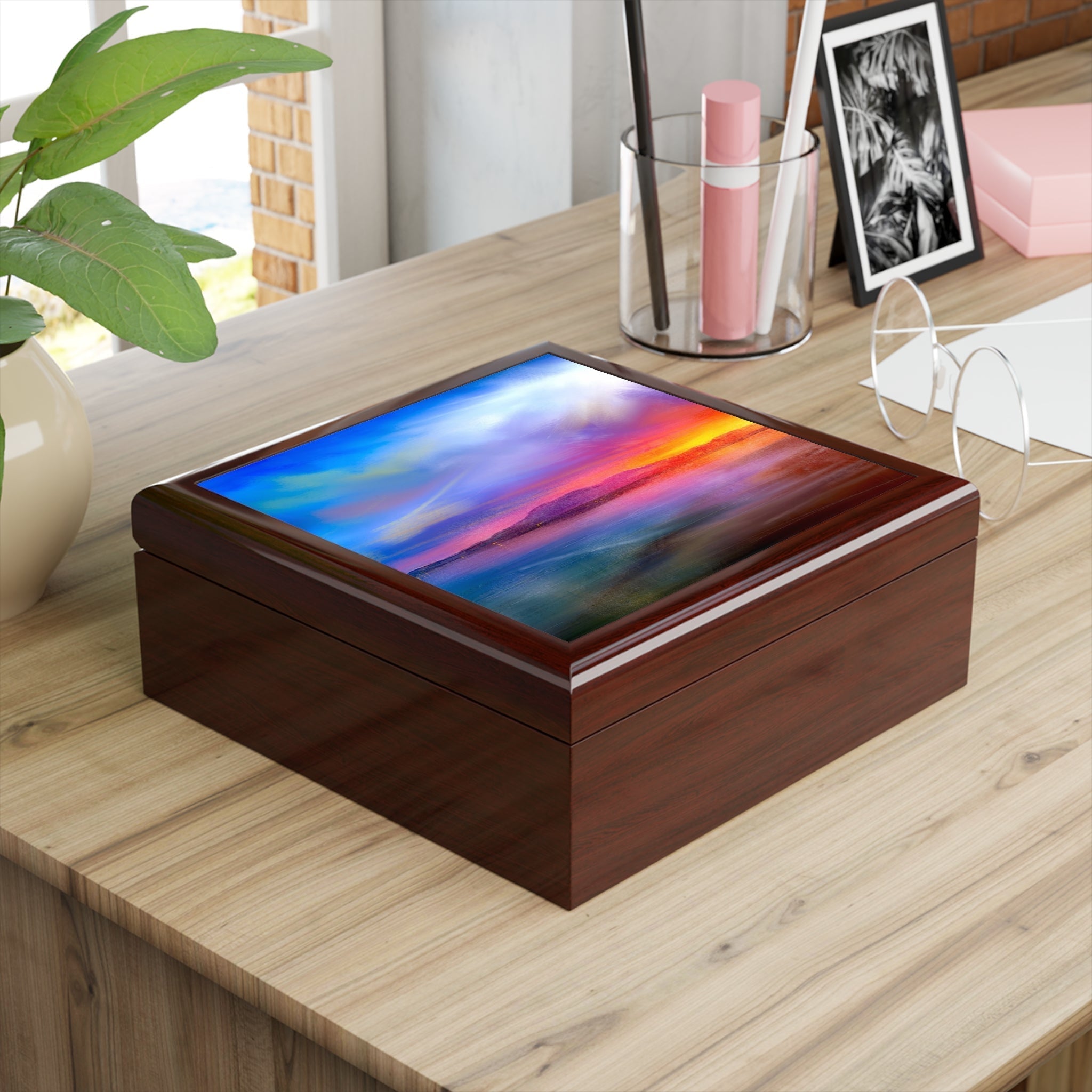 Wooden jewelry box with colorful abstract design lid from Arran Sunset collection Scotland