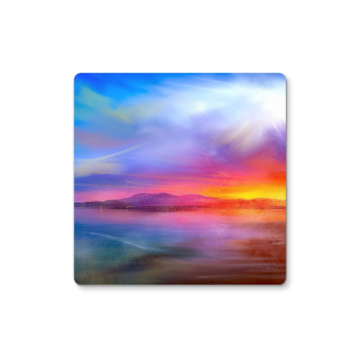 Vibrant colorful sunset landscape painting on square canvas displayed as Arran Sunset Coaster