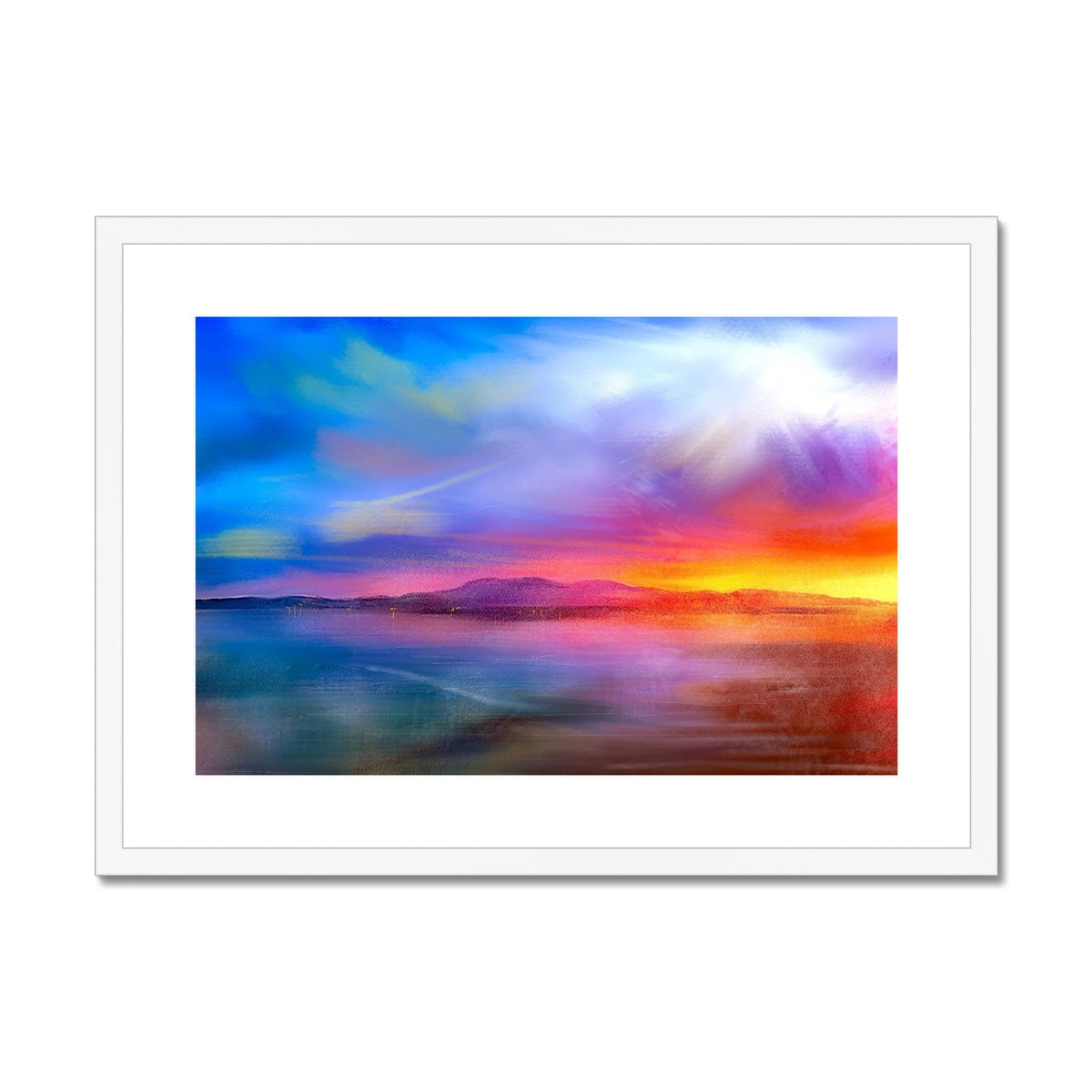 Vibrant colorful sunset over water framed in white for Arran Sunset Framed Mounted Print