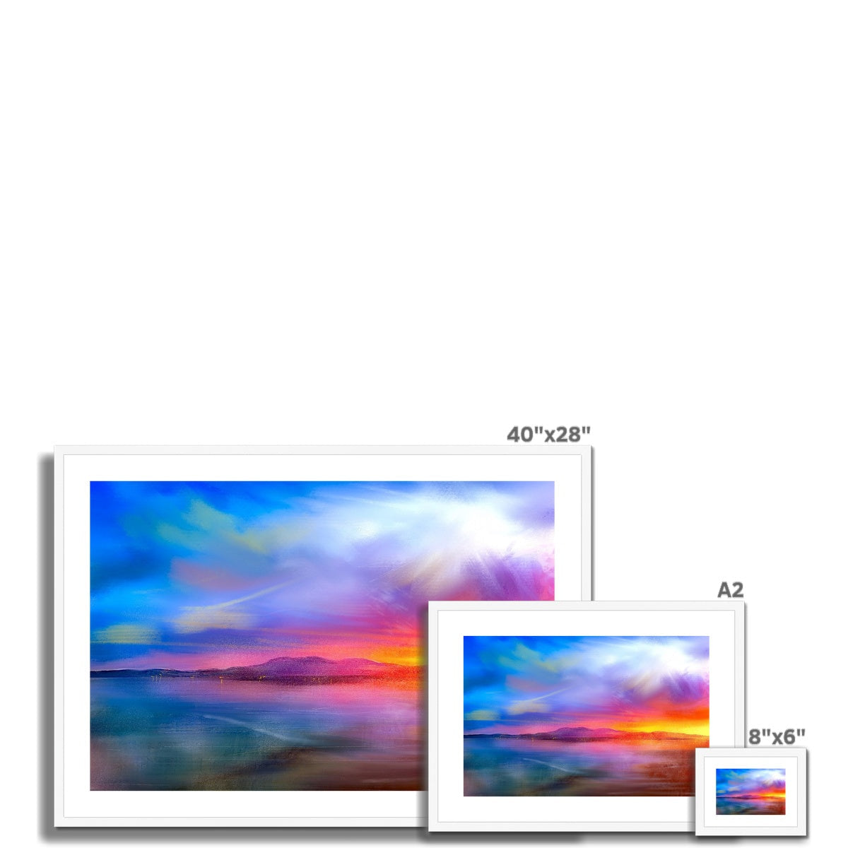 Three framed landscape paintings of colorful sunset or sunrise over water for Arran Sunset Print