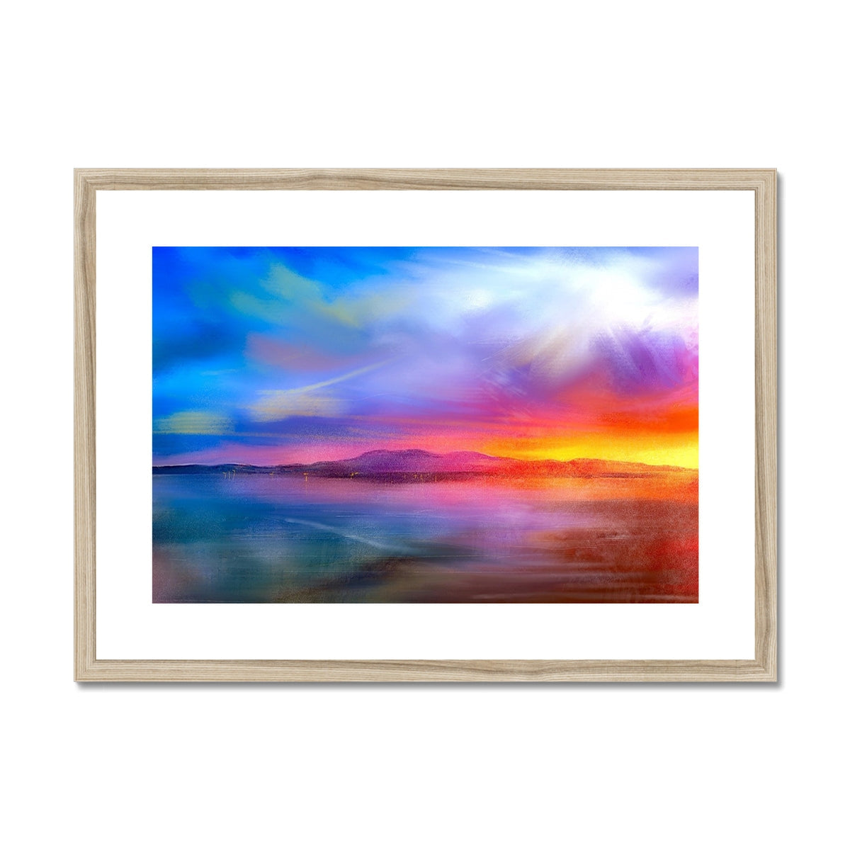 Arran Sunset Framed & Mounted Print featuring a vibrant sunset over a lake with mountains