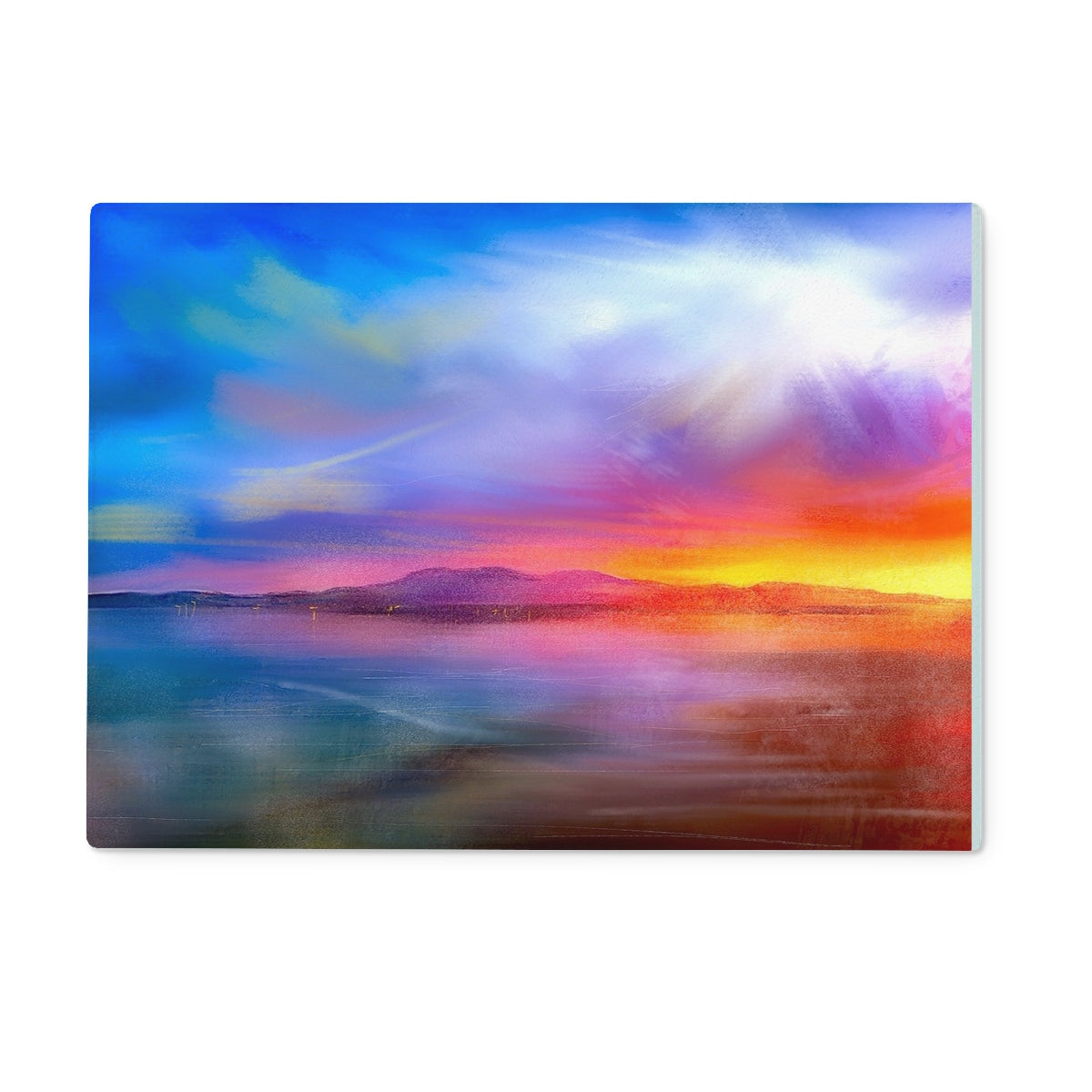 Vibrant sunset painting of mountains and water on Arran Sunset Glass Chopping Board