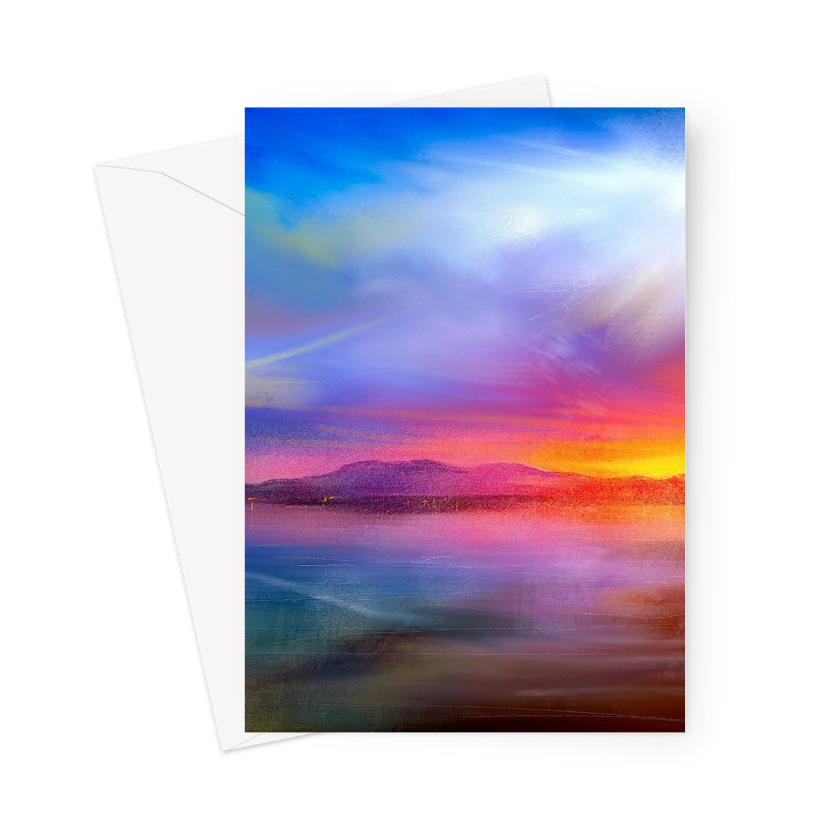 Arran Sunset Greeting Card showcasing a vibrant sunset over water and mountains