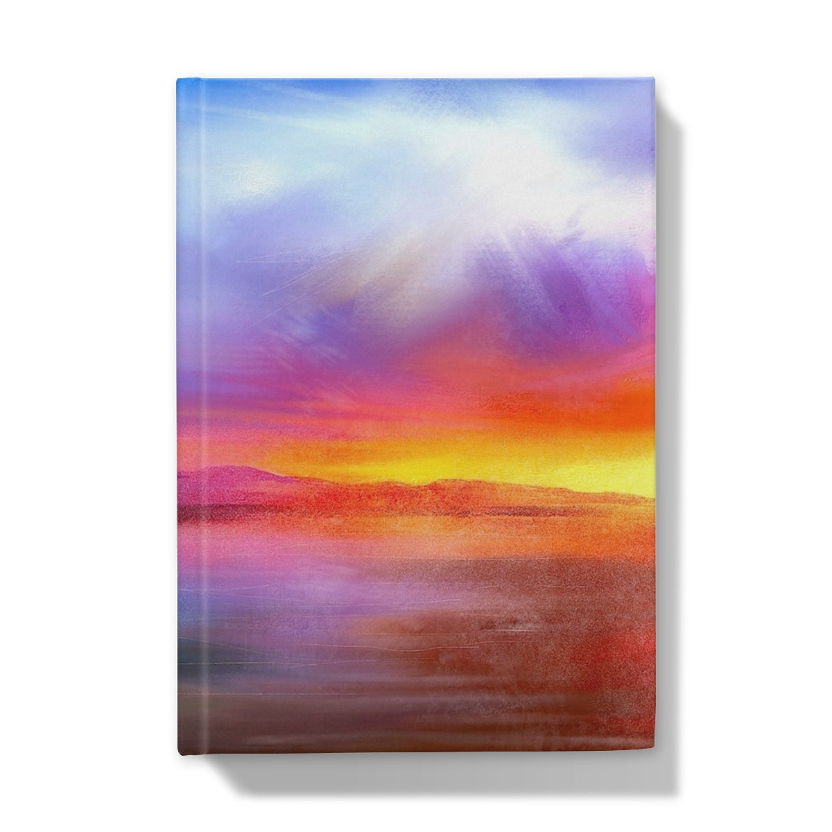 Vibrant landscape painting of a sunset over water on the cover of Arran Sunset Hardback Journal