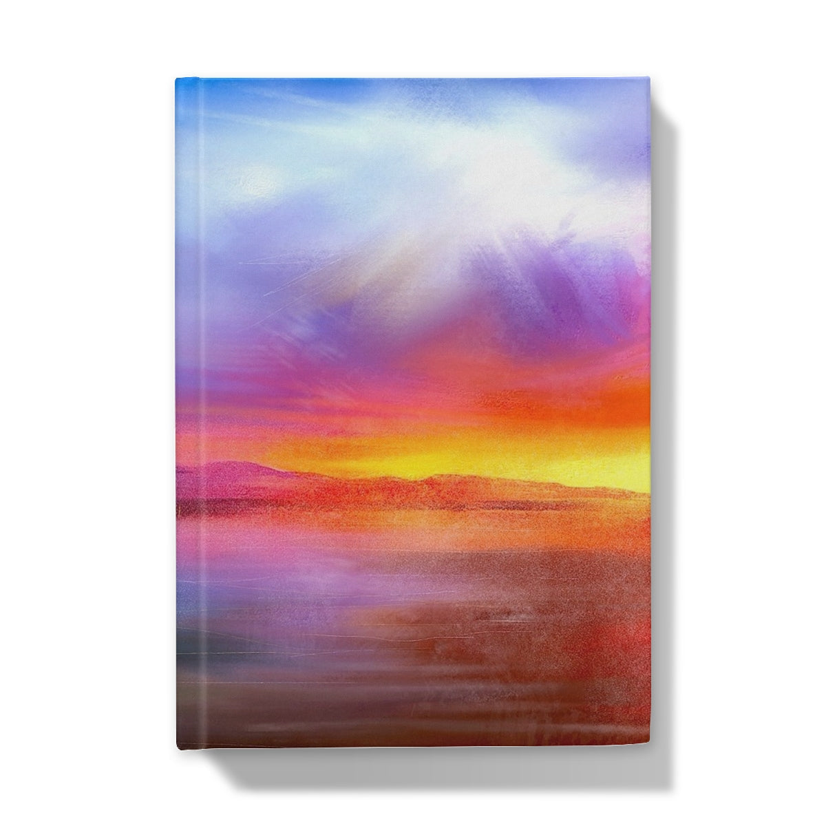 Vibrant sunset landscape painting on canvas featured on Arran Sunset Hardback Journal
