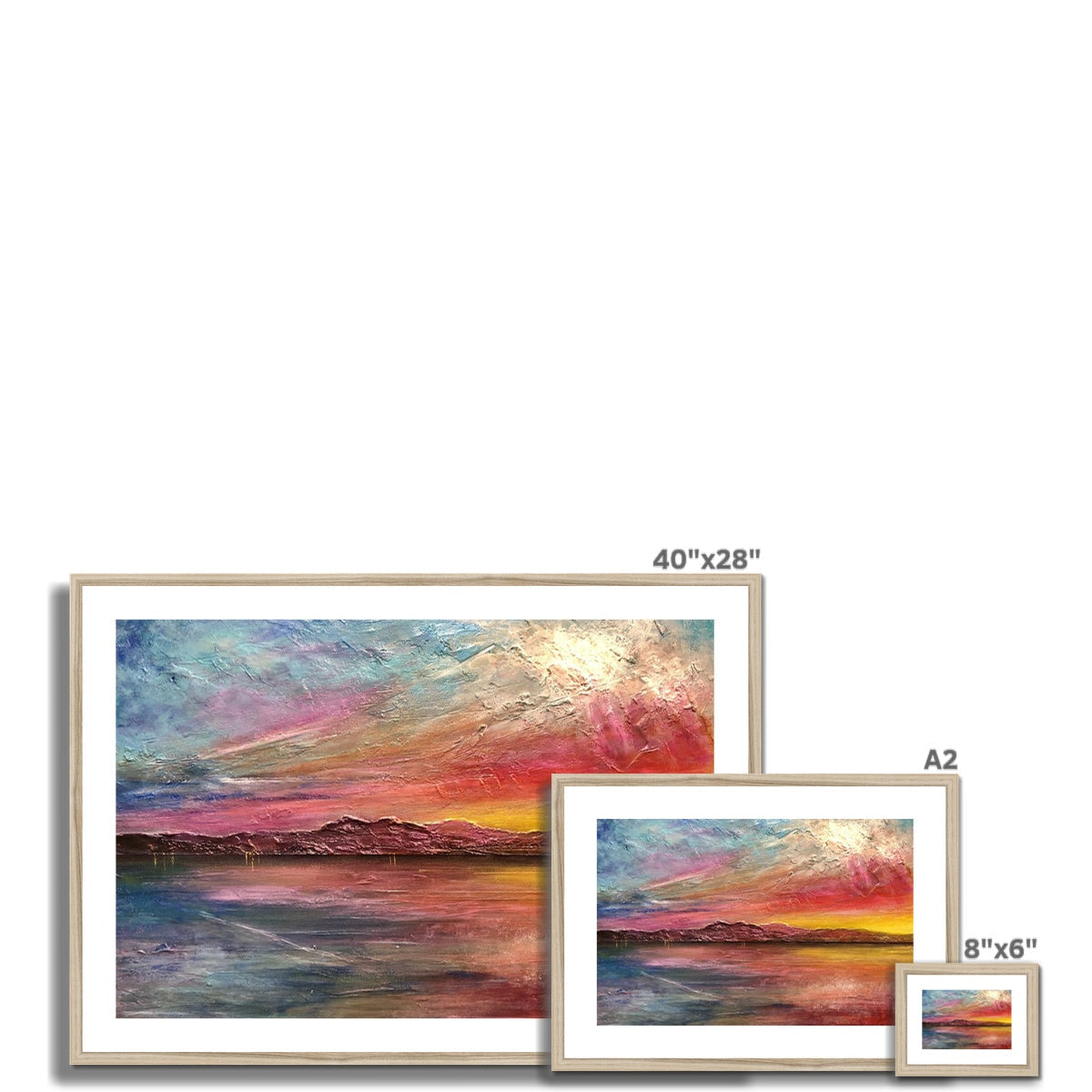 Framed Arran Sunset ii abstract print of vibrant pink orange blue sunset over water and mountains
