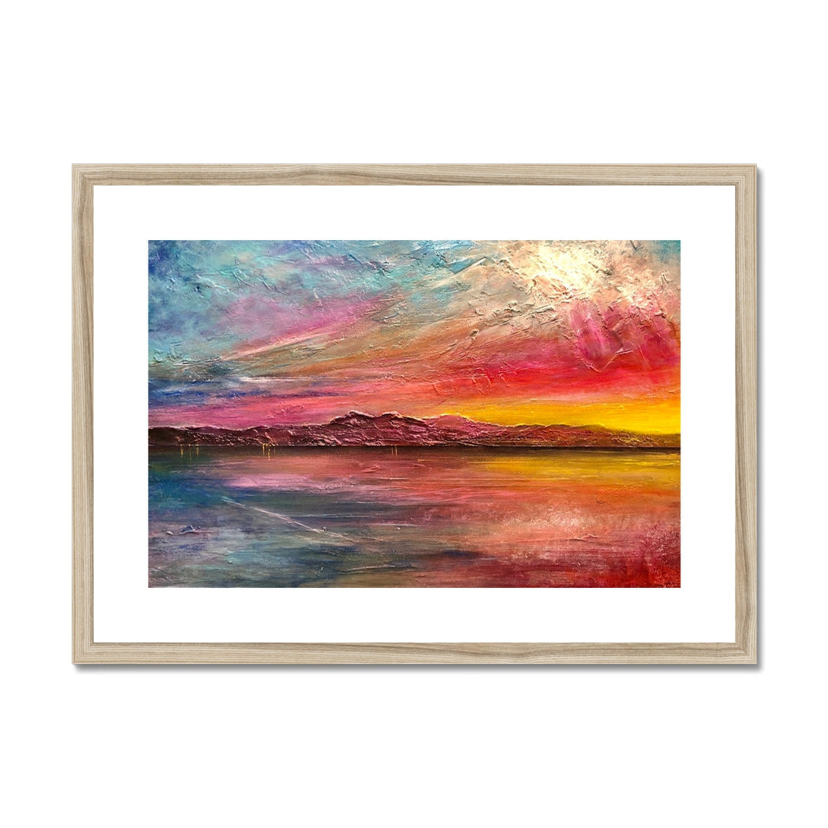 Arran Sunset II vibrant abstract landscape art print in light wood frame