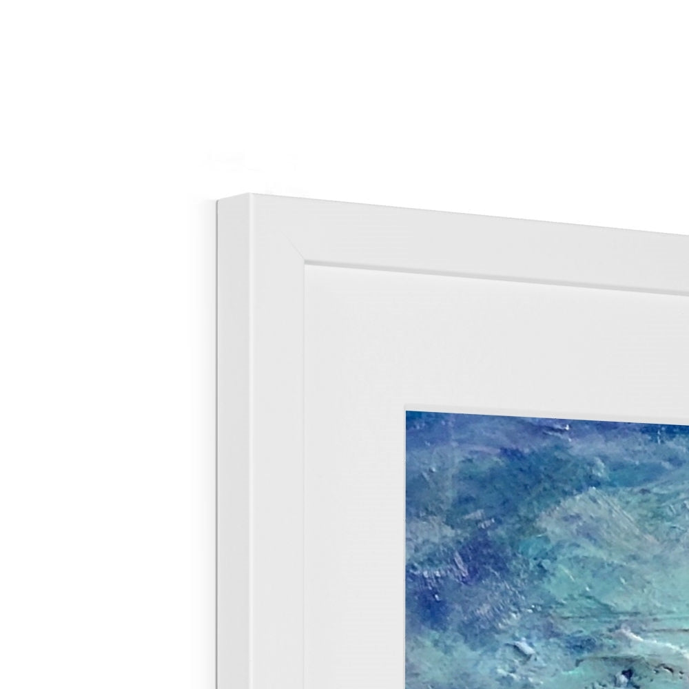 White framed abstract art print of textured blue teal ocean waves, Arran Sunset II