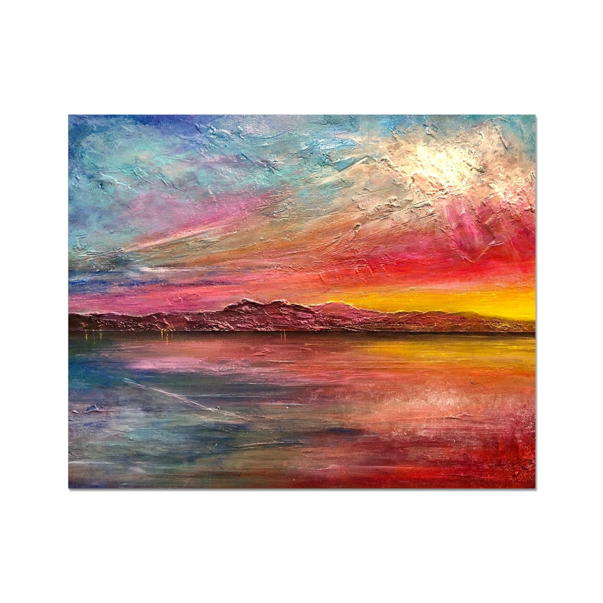 Vibrant Arran Sunset II abstract painting with textured pink, orange, blue hues on calm water