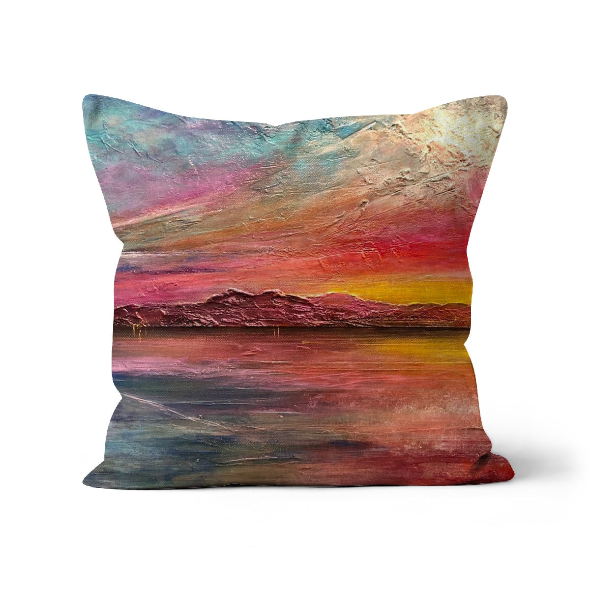 Arran Sunset II square throw pillow with impressionistic textured sunset over water in pink, orange, yellow, and teal hues