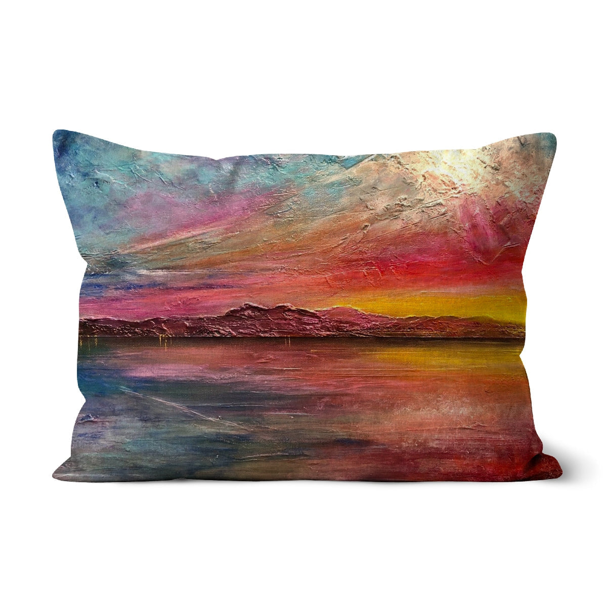 Arran Sunset II cushion with vibrant abstract landscape print