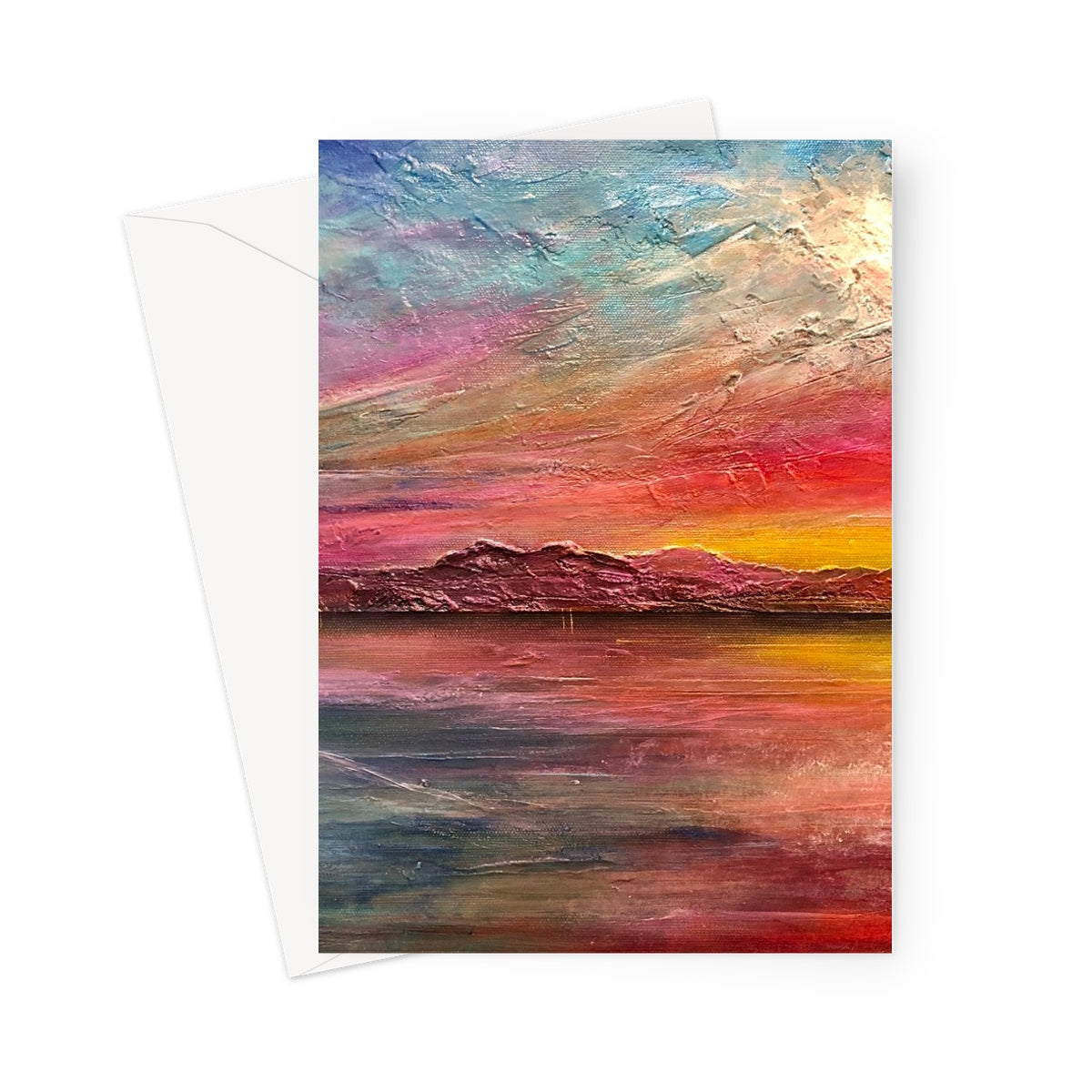 Vibrant Arran Sunset II greeting card with textured pink, orange, teal sunset over water