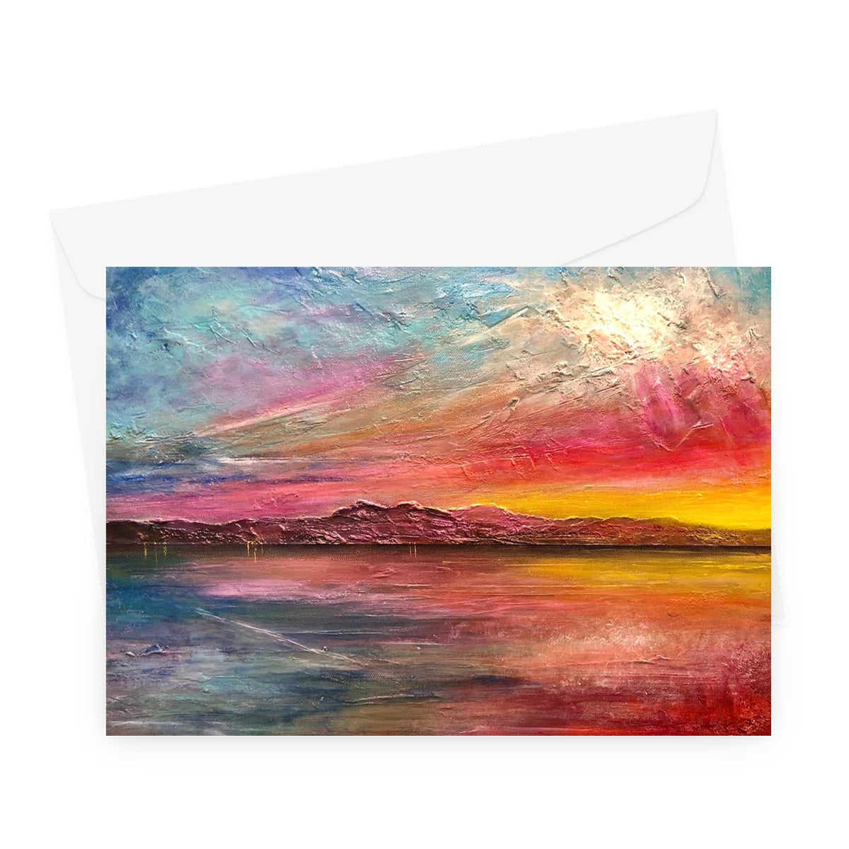 Vibrant Arran Sunset II greeting card with textured reds, oranges, purples in water