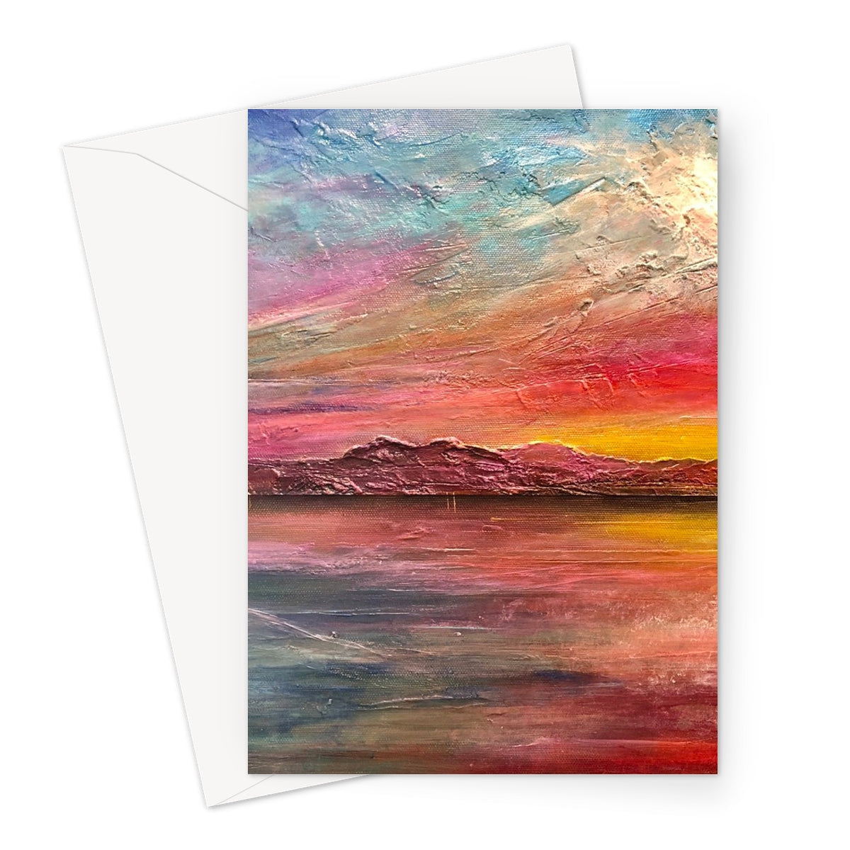 Vibrant Arran Sunset II greeting card with textured reds, oranges, purples on water