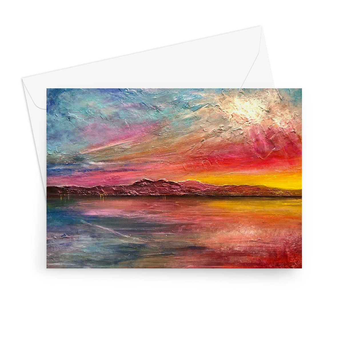 Vibrant impressionist Arran Sunset II greeting card with fiery textured brushstrokes on calm water