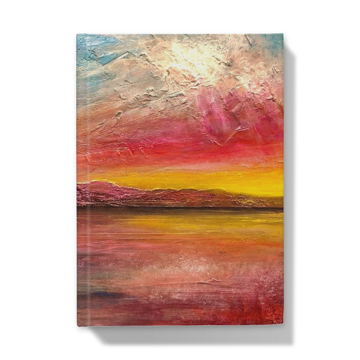 Impressionistic Arran Sunset II journal cover with vibrant reds, oranges, yellows, mountains, and water reflection