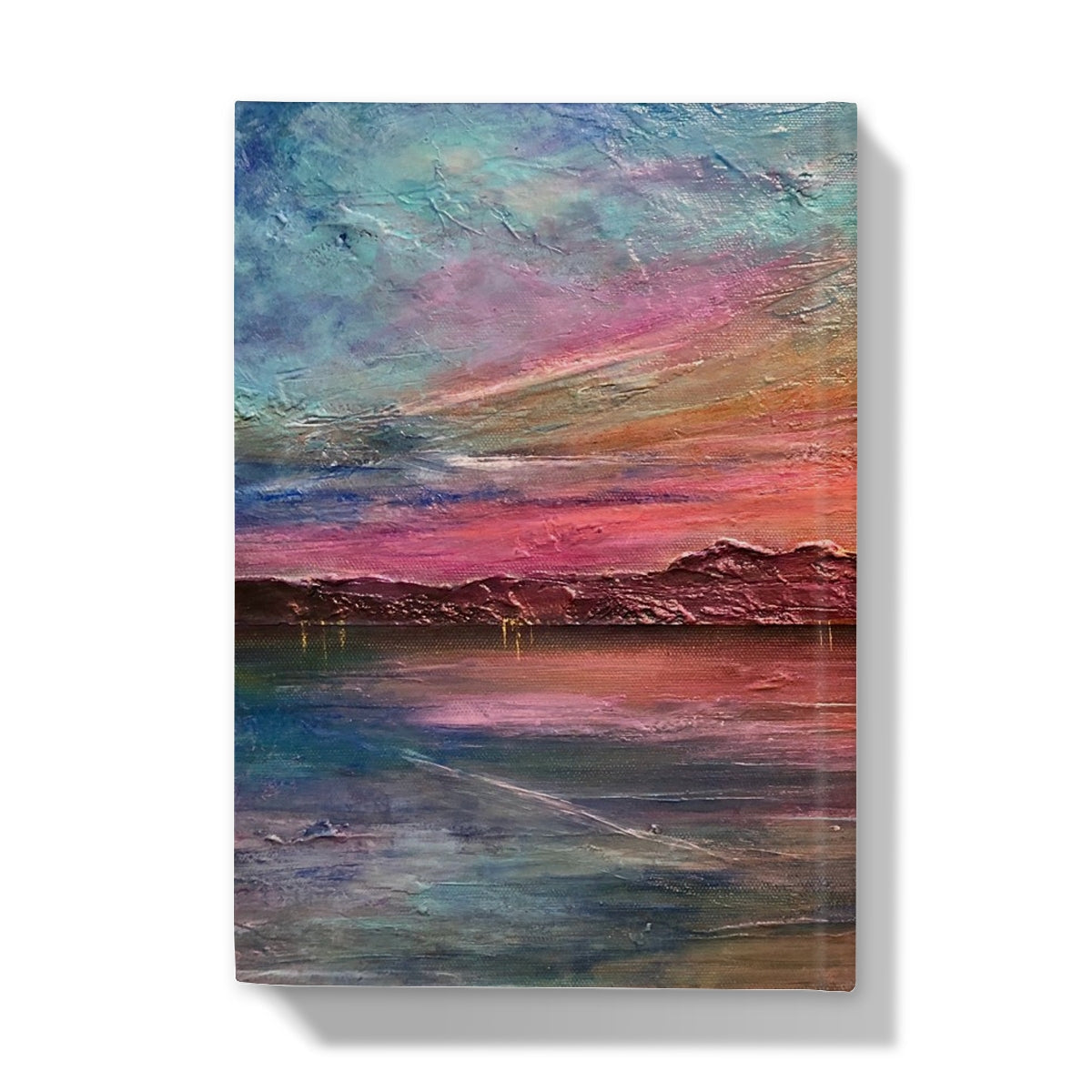 Vibrant sunset painting in pink orange teal on Arran Sunset ii journal