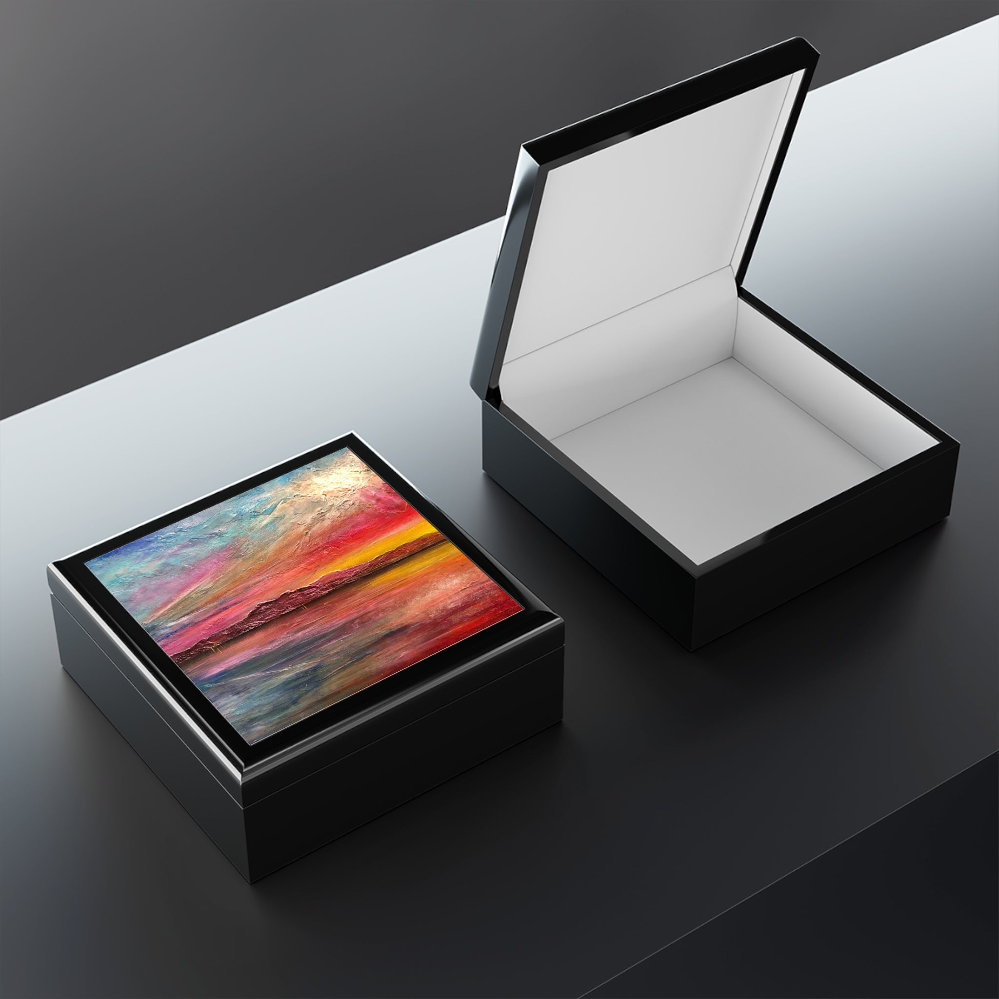 Arran Sunset II jewelry box with colorful abstract Scottish landscape lid