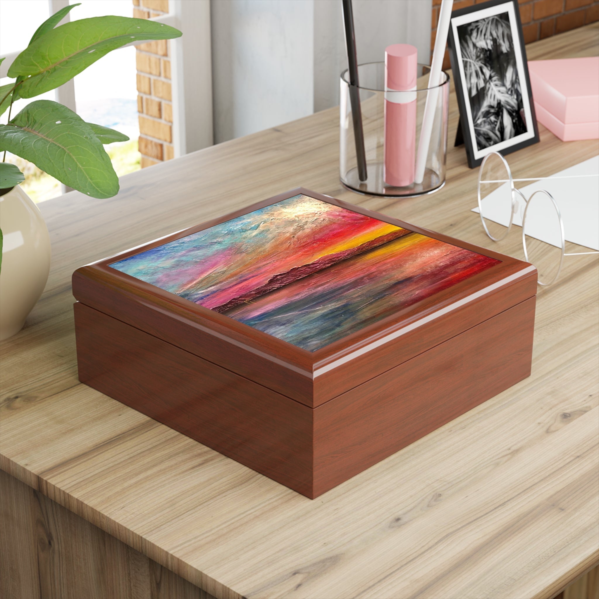 Arran Sunset II jewellery box with colorful abstract lid design
