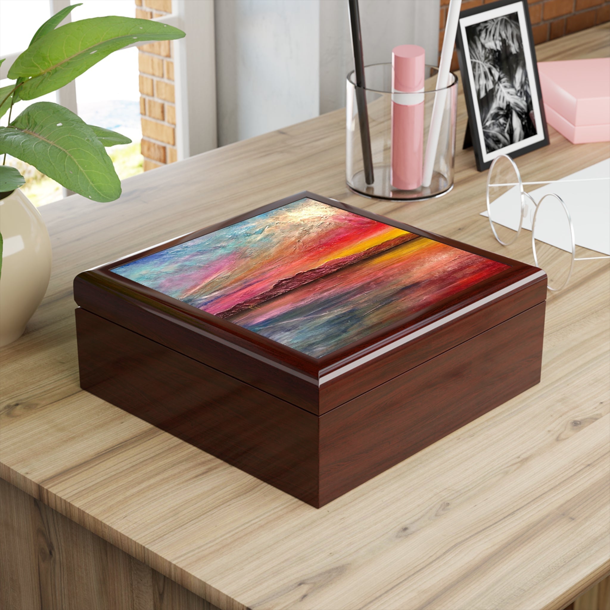 Arran Sunset II jewellery box with vibrant sunset lid design