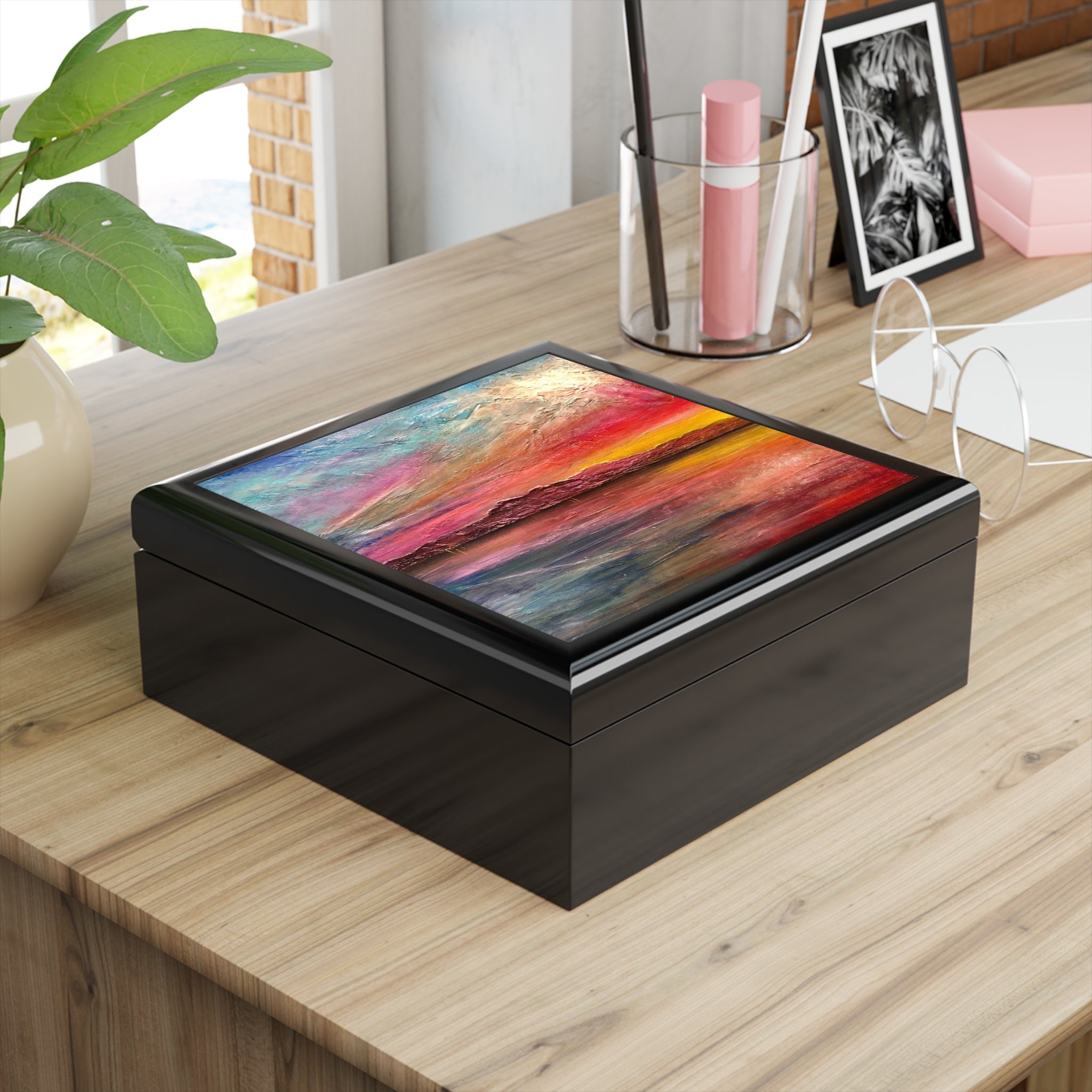 Arran Sunset II black jewelry box with colorful abstract landscape lid