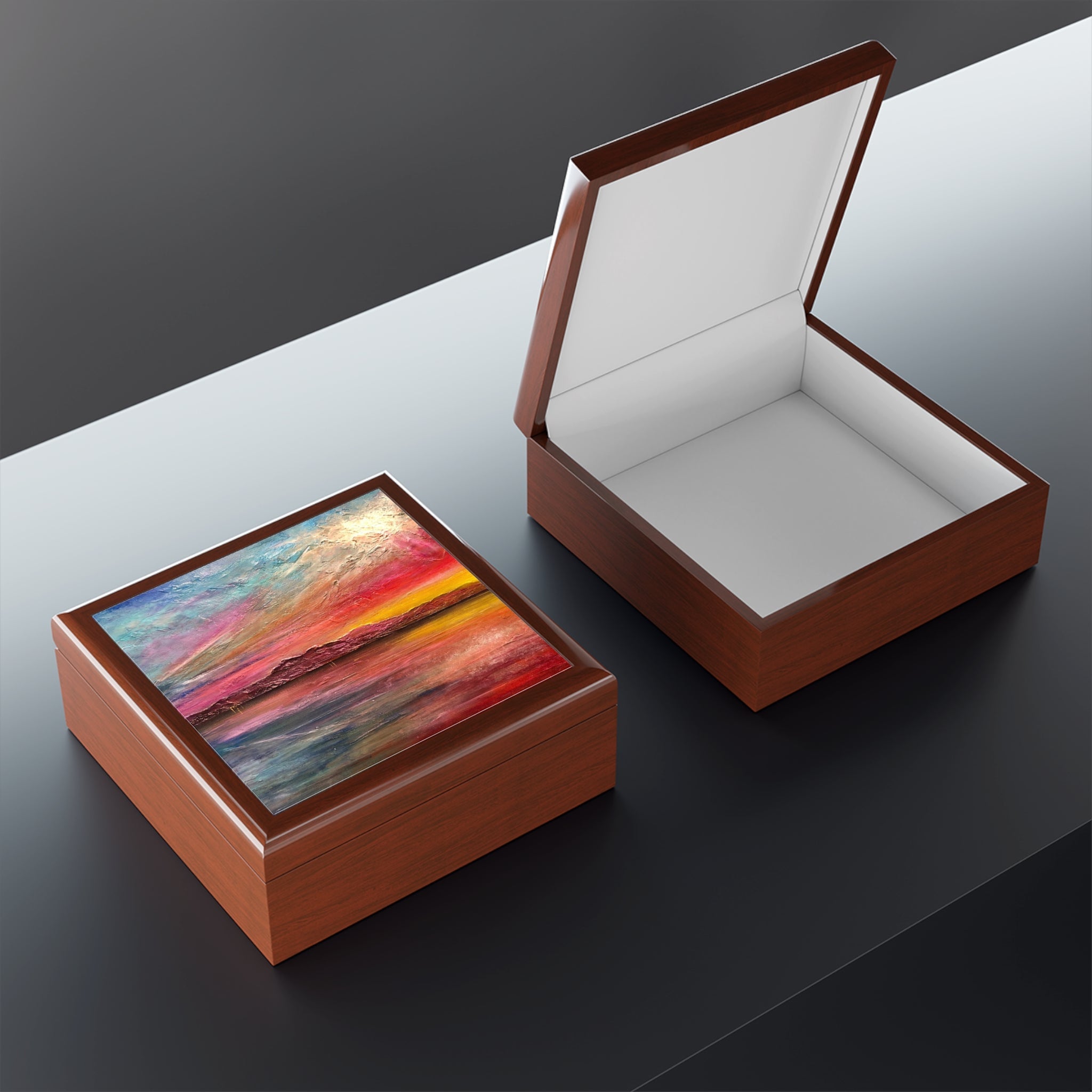Arran Sunset II jewelry box with brown wood and abstract sunset lid