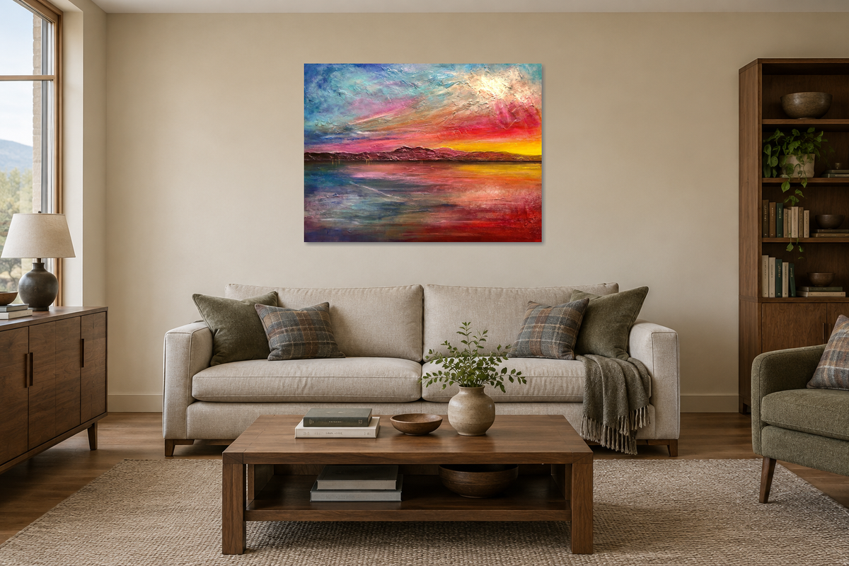 Arran Sunset II displayed at 40 by 30 inches in a contemporary living room — digital room mockup
