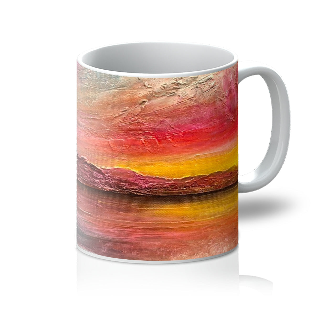 Arran Sunset ii white ceramic mug with textured abstract sunset design