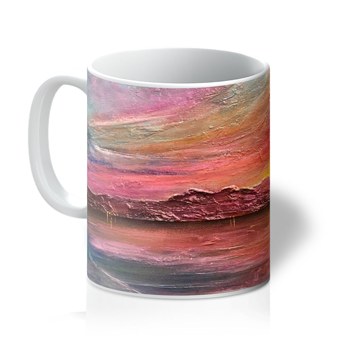 Arran Sunset II white ceramic mug with textured pink orange red landscape