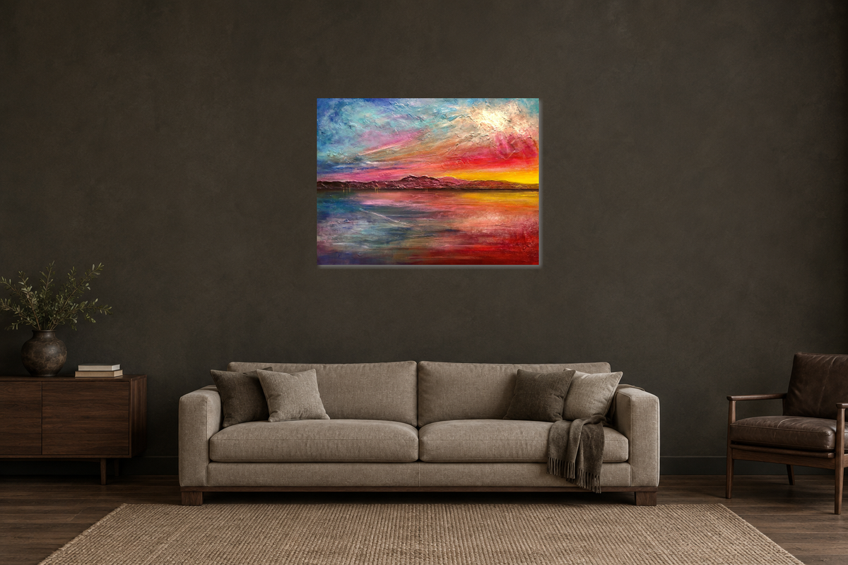 Arran Sunset ii - Original Scottish Landscape Painting displayed at 101.6 × 76.2 cm — digital room mockup